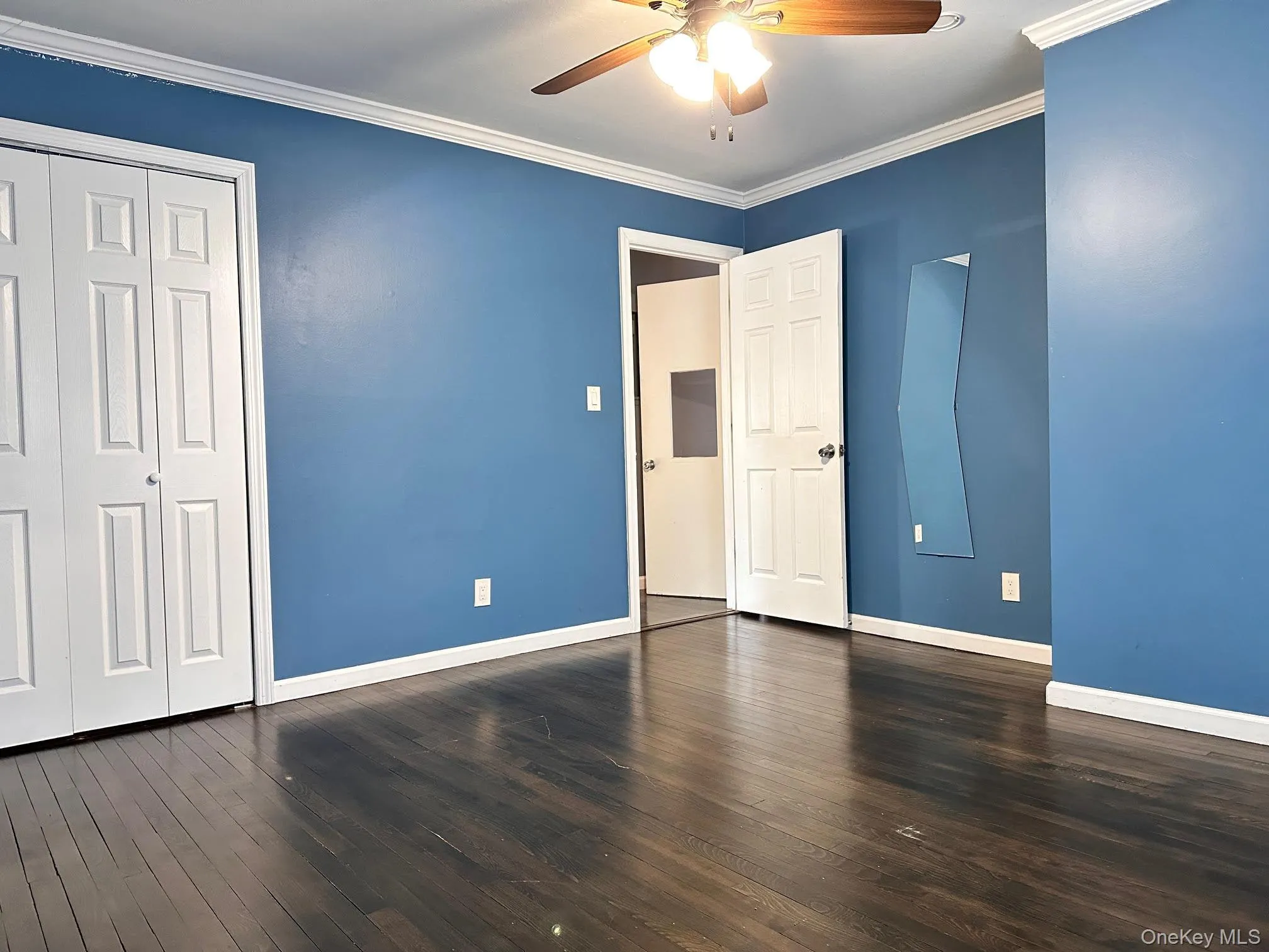 Unfurnished bedroom with ornamental molding, dark wood-type flooring, a closet, and ceiling fan Unfurnished bedroom with ornamental molding, dark wood-type flooring, a closet, and ceiling fan