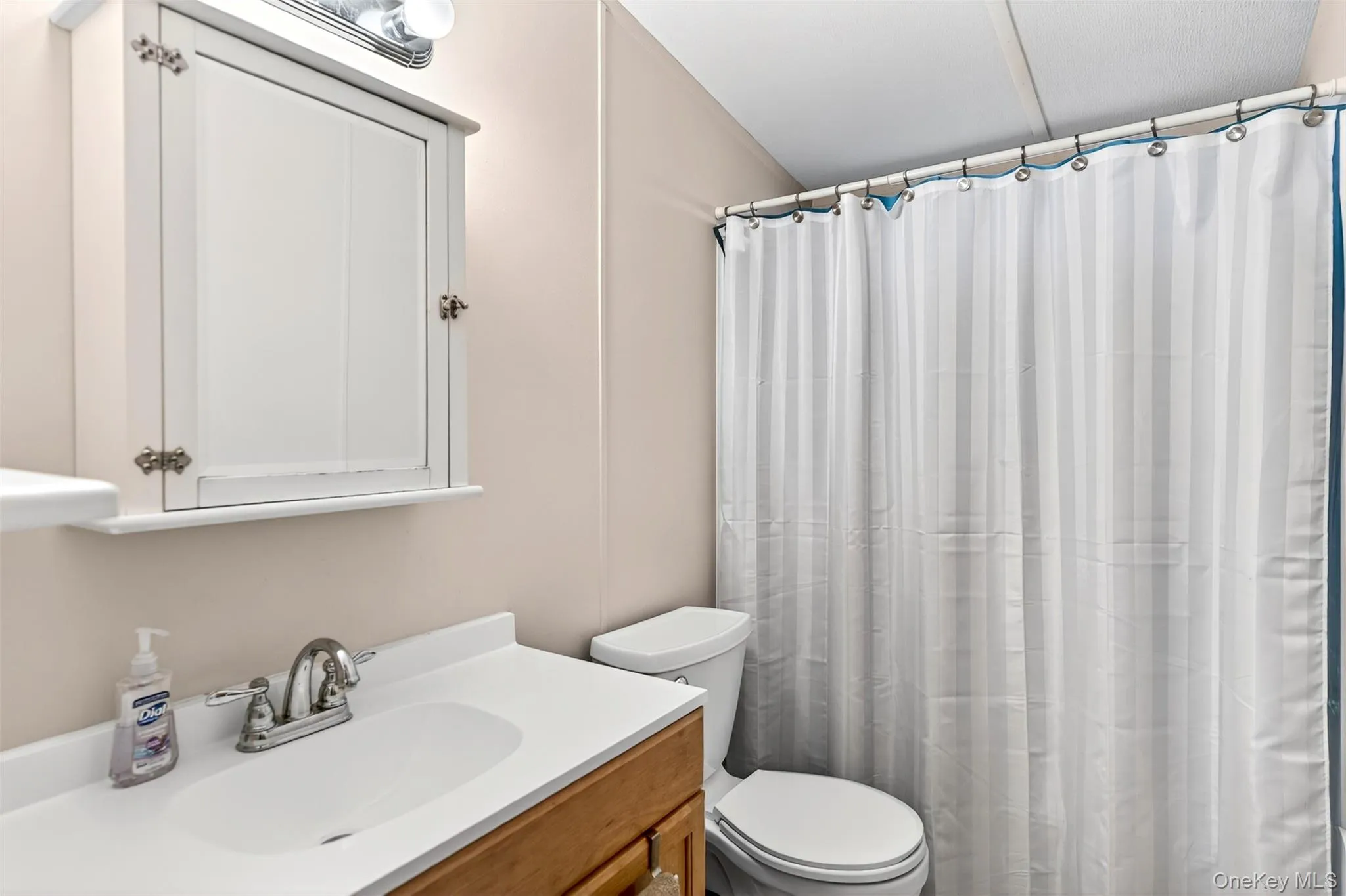 Full bathroom featuring vanity and curtained shower Full bathroom featuring vanity and curtained shower