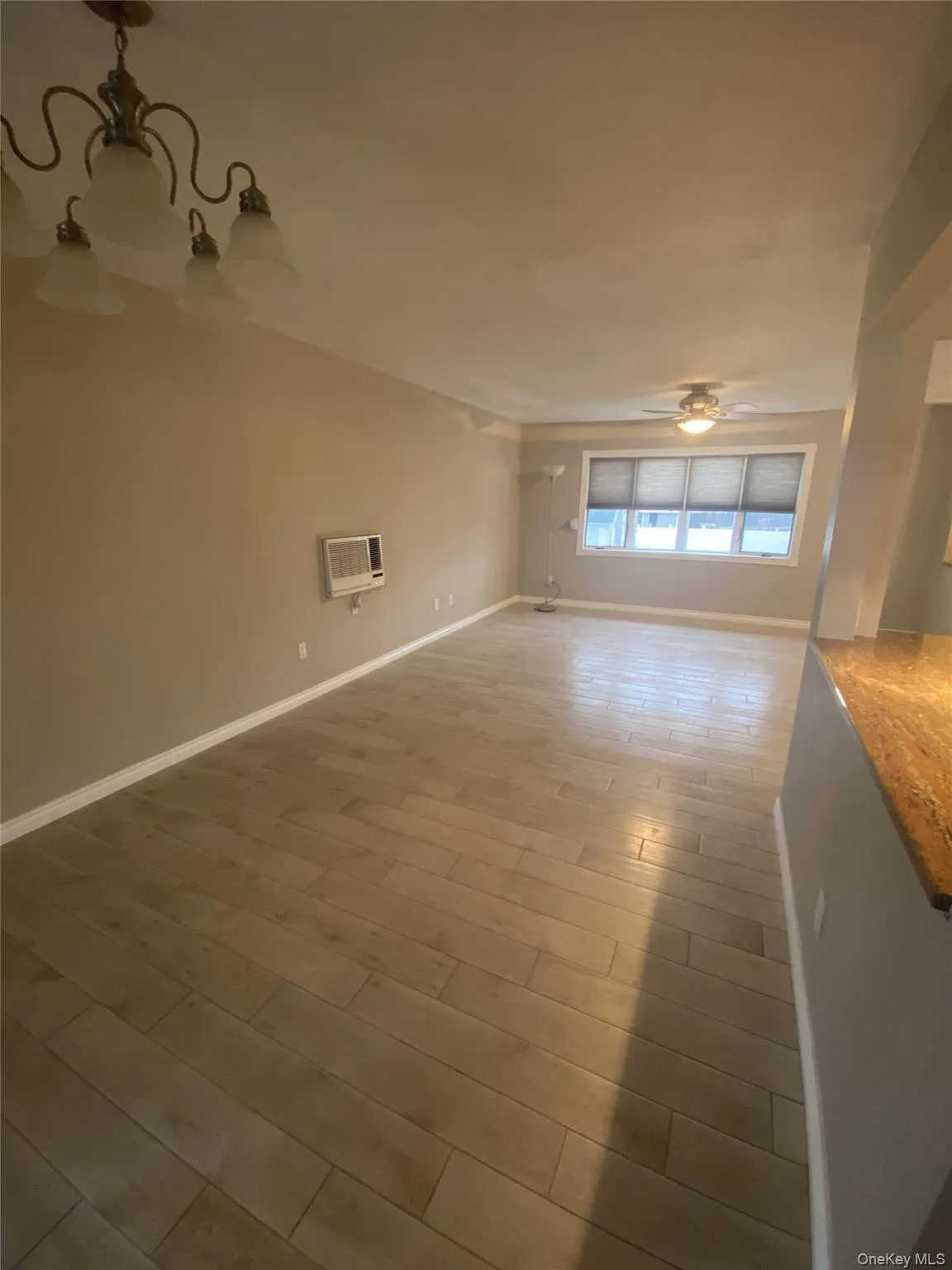 Unfurnished dining room featuring light wood-style floors, a chandelier, and ceiling fan Unfurnished dining room featuring light wood-style floors, a chandelier, and ceiling fan
