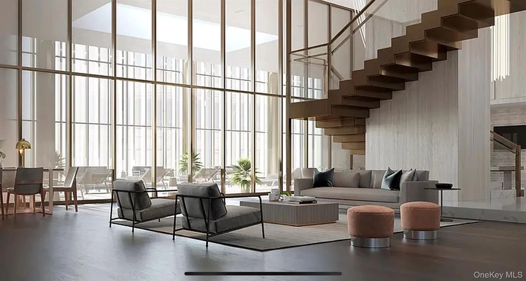 Building lobby with a towering ceiling and expansive windows Building lobby with a towering ceiling and expansive windows