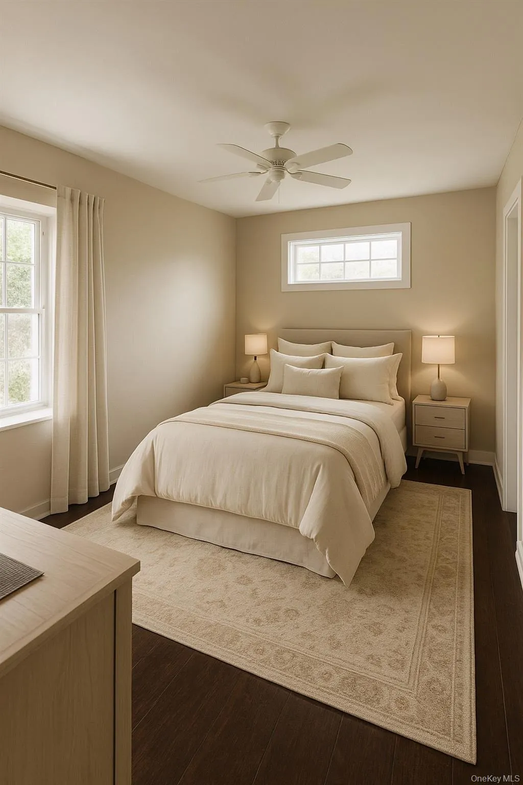 Bedroom with ceiling fan and dark wood finished floors w/walk-in closet Bedroom with ceiling fan and dark wood finished floors w/walk-in closet