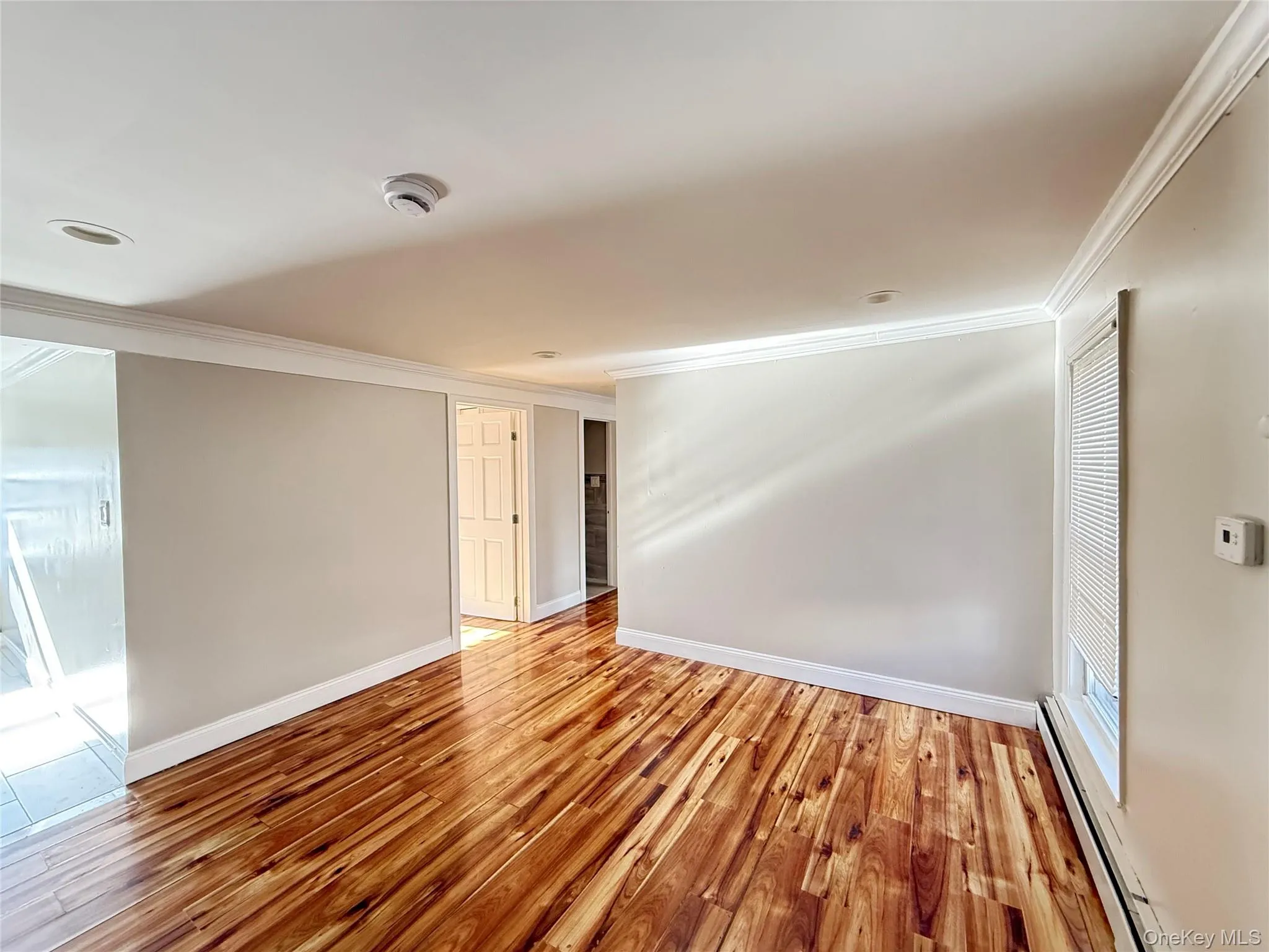 Unfurnished room with a baseboard radiator, light wood-type flooring, and ornamental molding Unfurnished room with a baseboard radiator, light wood-type flooring, and ornamental molding