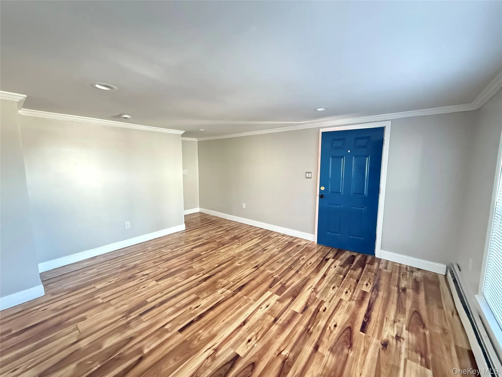 Unfurnished room featuring a baseboard radiator, wood finished floors, recessed lighting, and crown molding Unfurnished room featuring a baseboard radiator, wood finished floors, recessed lighting, and crown molding