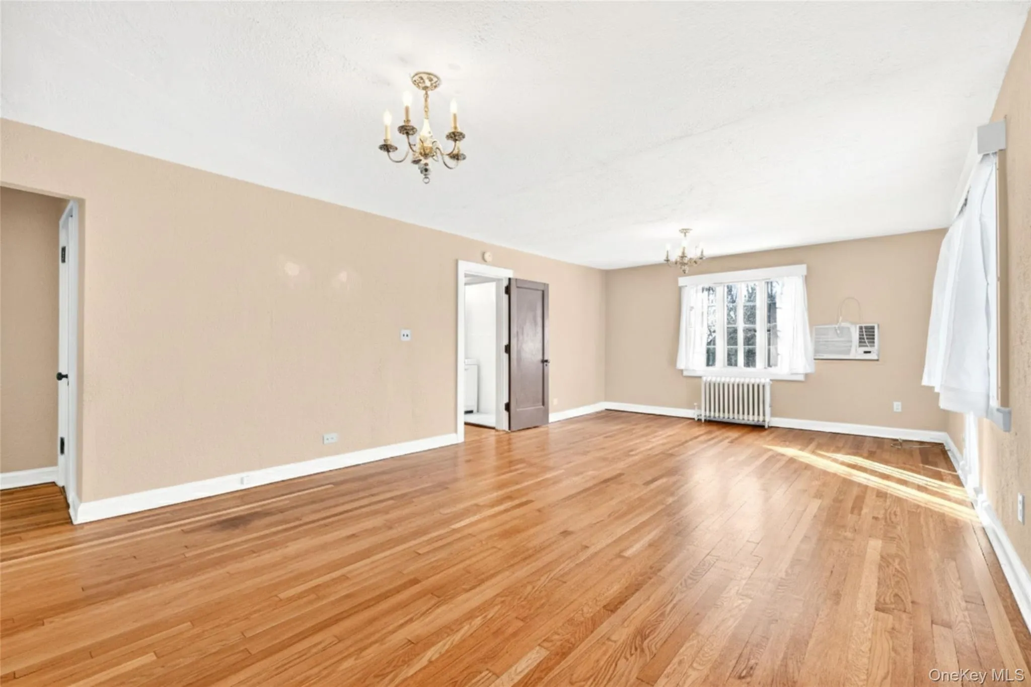 Spare room featuring a chandelier, light wood-style floors, radiator heating unit, and a wall unit AC Spare room featuring a chandelier, light wood-style floors, radiator heating unit, and a wall unit AC