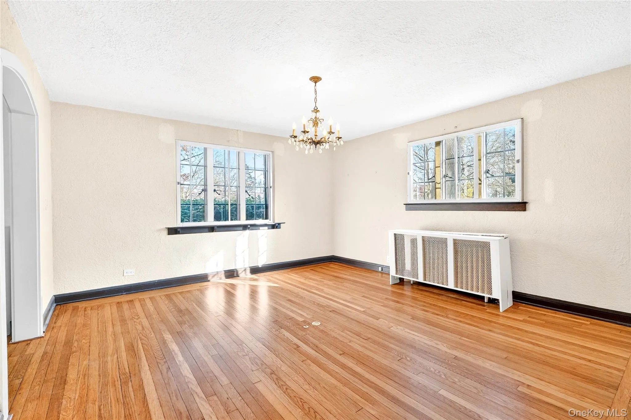 Spare room featuring radiator heating unit, a textured wall, a textured ceiling, light wood-style floors, and plenty of natural light Spare room featuring radiator heating unit, a textured wall, a textured ceiling, light wood-style floors, and plenty of natural light