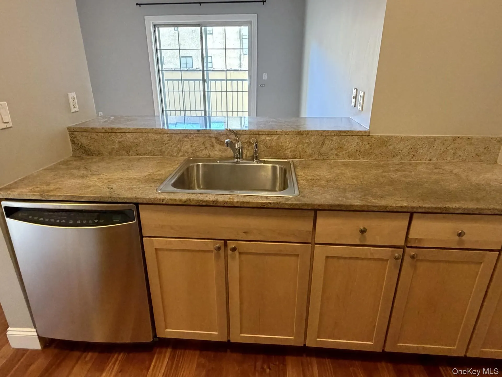 Kitchen featuring dishwasher and dark wood-style floors Kitchen featuring dishwasher and dark wood-style floors