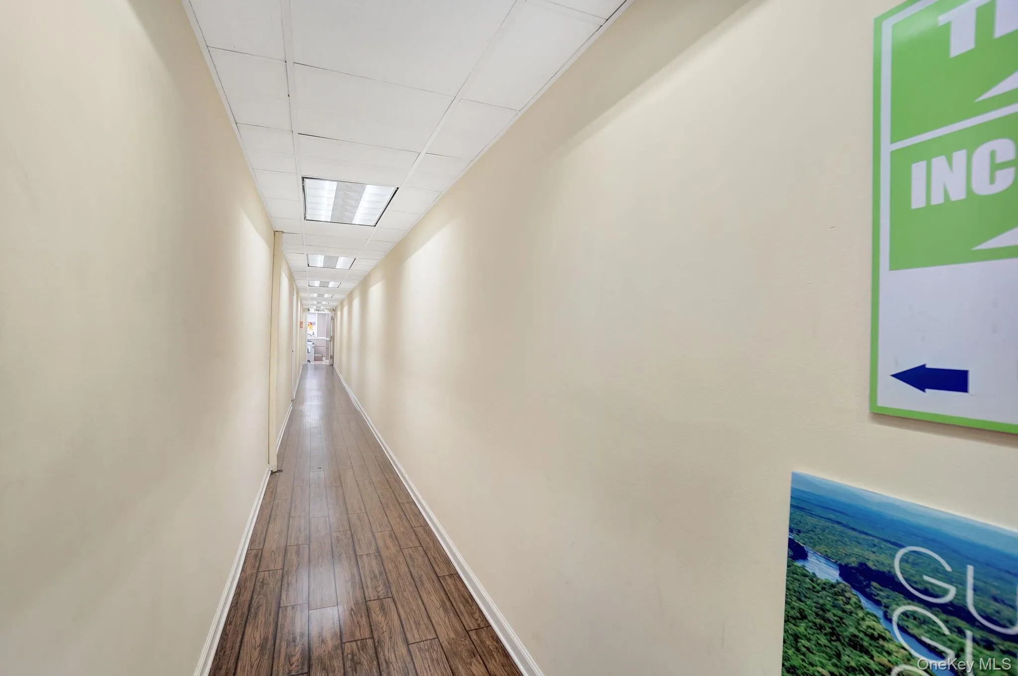 Hall featuring a paneled ceiling and dark wood-type flooring Hall featuring a paneled ceiling and dark wood-type flooring