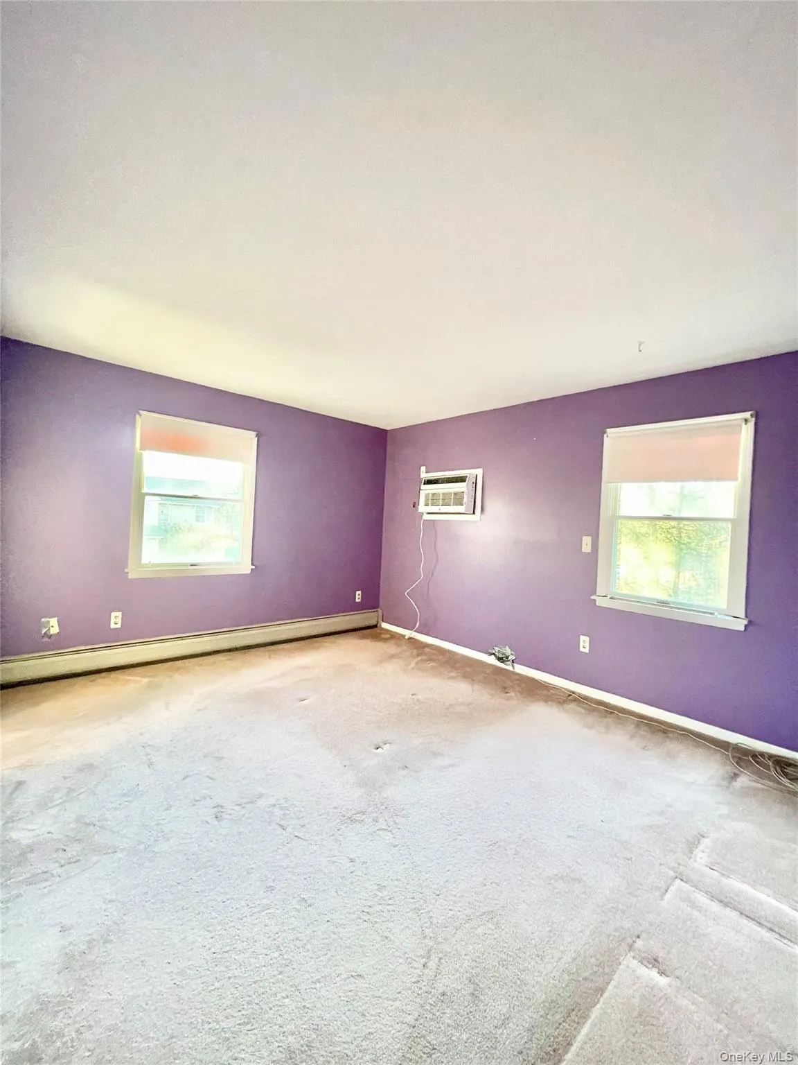 Empty room featuring plenty of natural light, baseboard heating, carpet flooring, and a wall unit AC Empty room featuring plenty of natural light, baseboard heating, carpet flooring, and a wall unit AC