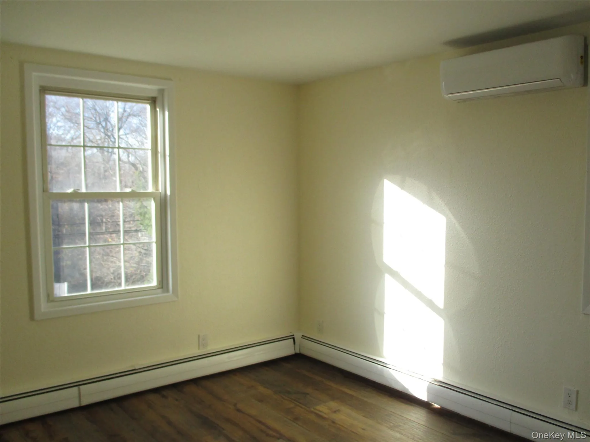 Spare room with a baseboard heating unit, a wall unit AC, and dark wood-style flooring Spare room with a baseboard heating unit, a wall unit AC, and dark wood-style flooring
