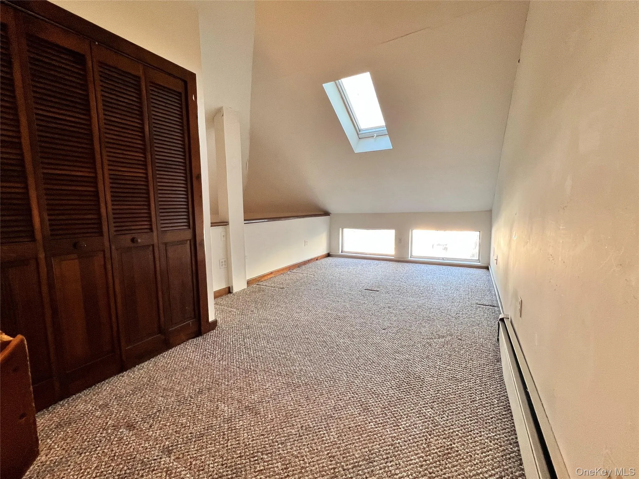 Bonus room featuring lofted ceiling, carpet flooring, baseboard heating, and a skylight Bonus room featuring lofted ceiling, carpet flooring, baseboard heating, and a skylight