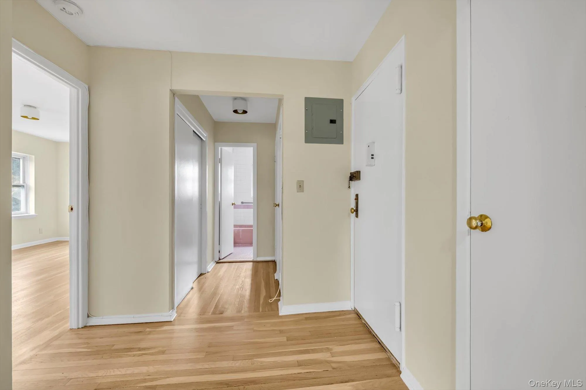 Corridor with light wood-style flooring and electric panel Corridor with light wood-style flooring and electric panel