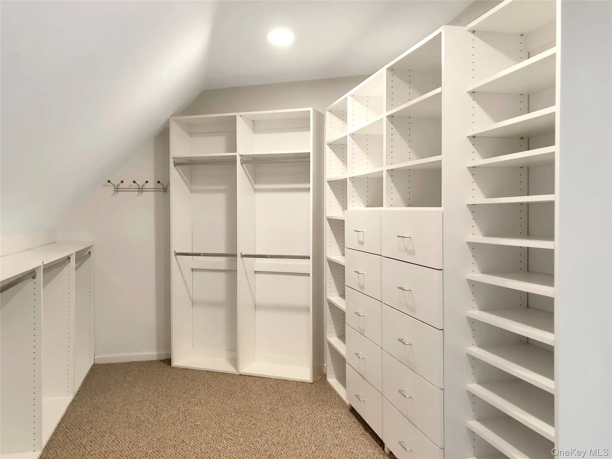 Spacious closet with light colored carpet and lofted ceiling Spacious closet with light colored carpet and lofted ceiling