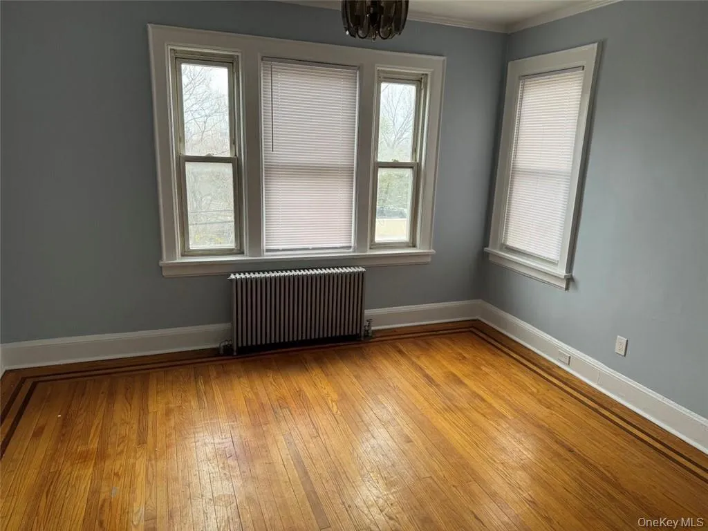 Unfurnished room featuring radiator heating unit, wood-type flooring, ornamental molding, and plenty of natural light Unfurnished room featuring radiator heating unit, wood-type flooring, ornamental molding, and plenty of natural light