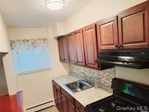 Kitchen with black range, light countertops, exhaust hood, a baseboard heating unit, and tasteful backsplash Kitchen with black range, light countertops, exhaust hood, a baseboard heating unit, and tasteful backsplash