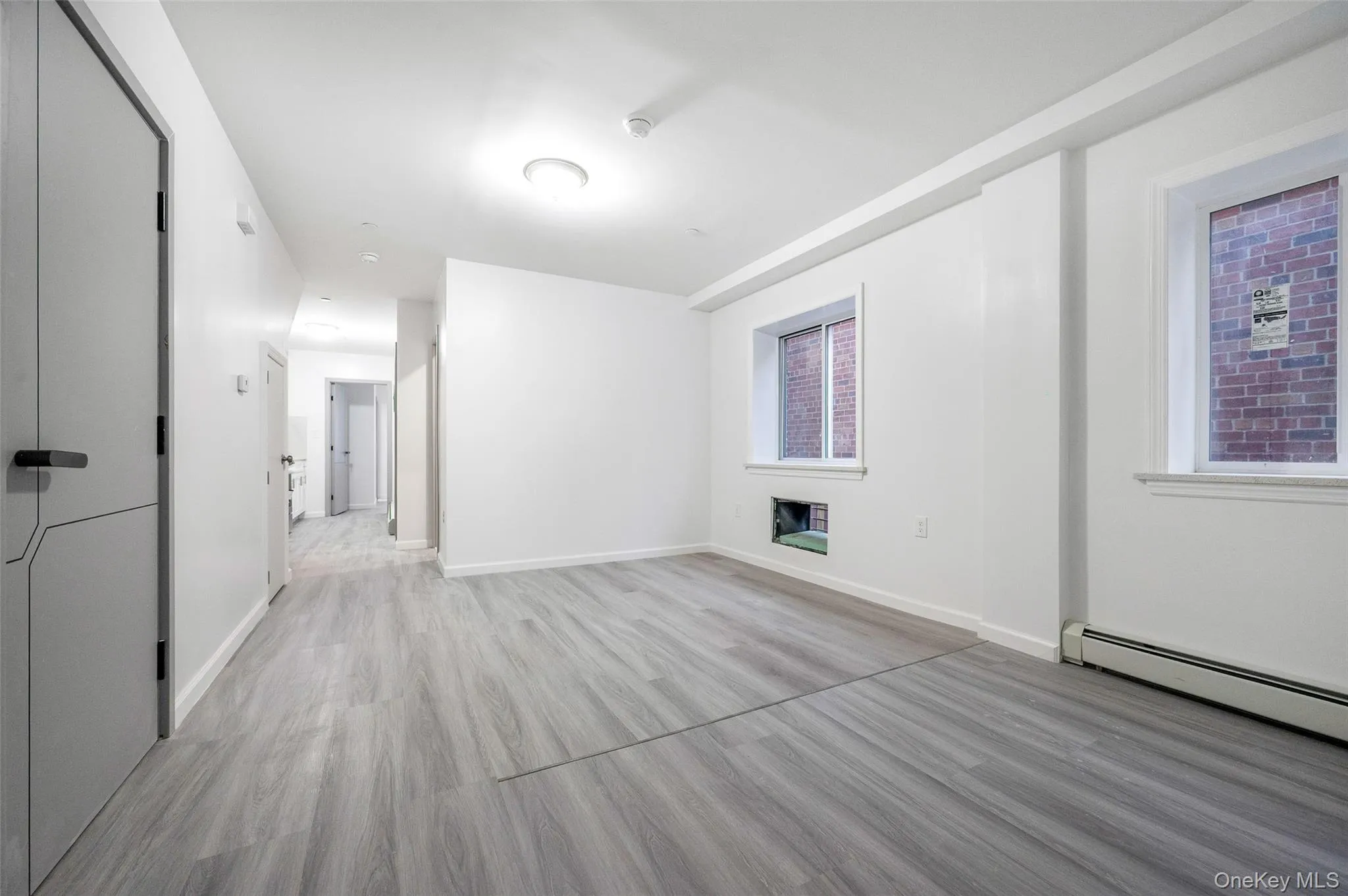 Unfurnished room featuring a baseboard heating unit, light wood finished floors, and a glass covered fireplace Unfurnished room featuring a baseboard heating unit, light wood finished floors, and a glass covered fireplace