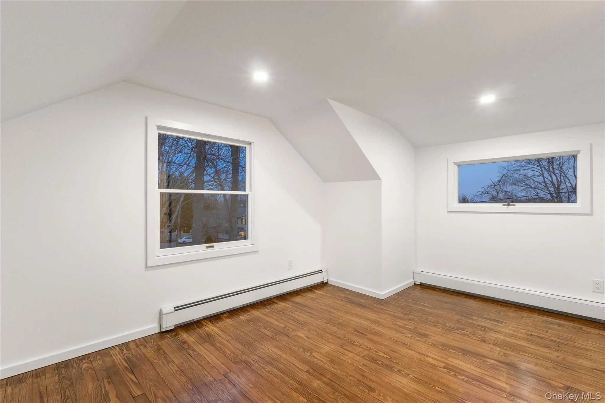 Additional living space featuring a baseboard radiator, wood finished floors, baseboard heating, and vaulted ceiling Additional living space featuring a baseboard radiator, wood finished floors, baseboard heating, and vaulted ceiling