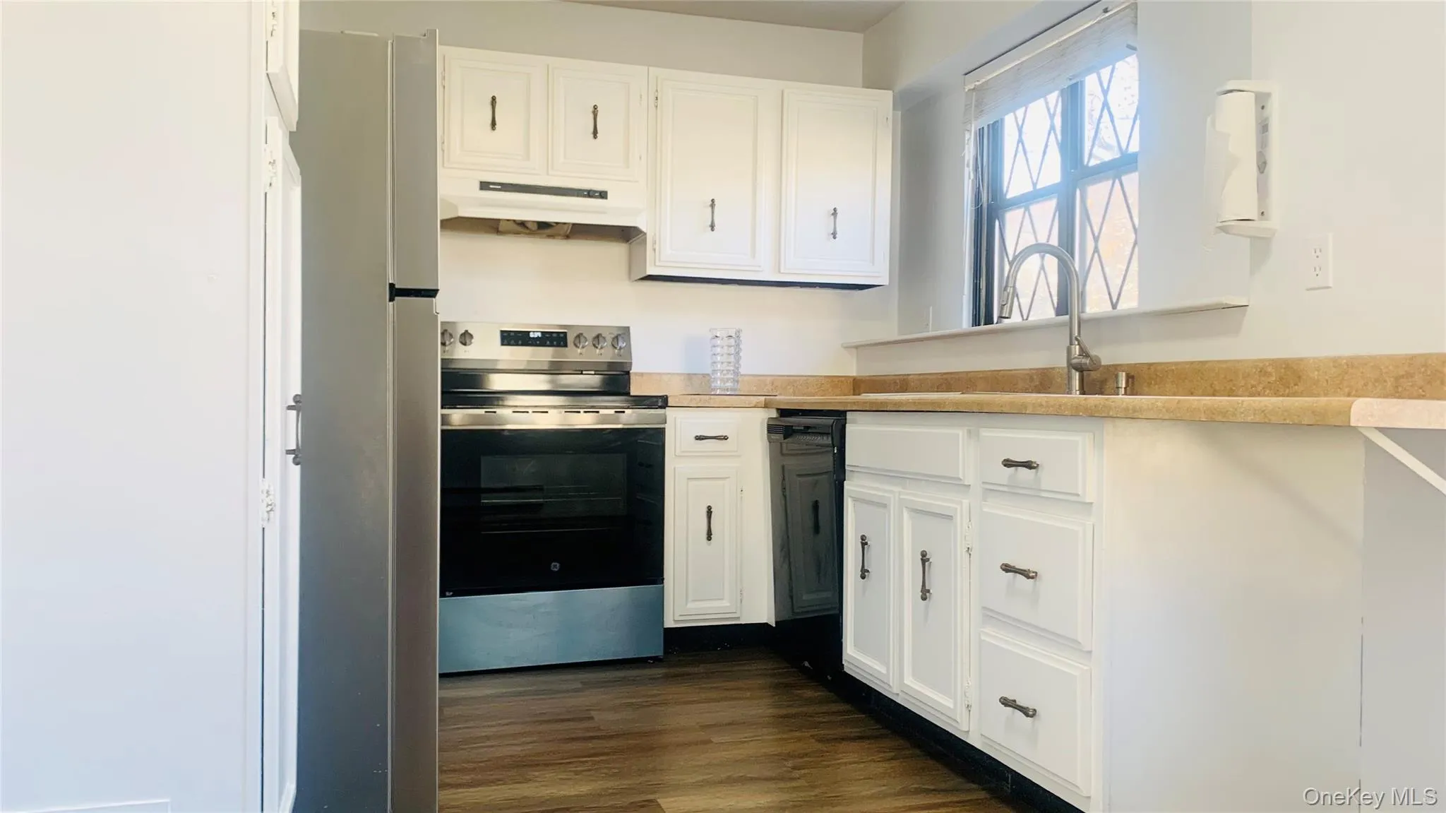 Kitchen featuring white cabinetry, appliances with stainless steel finishes, dark wood finished floors, light countertops, and under cabinet range hood Kitchen featuring white cabinetry, appliances with stainless steel finishes, dark wood finished floors, light countertops, and under cabinet range hood