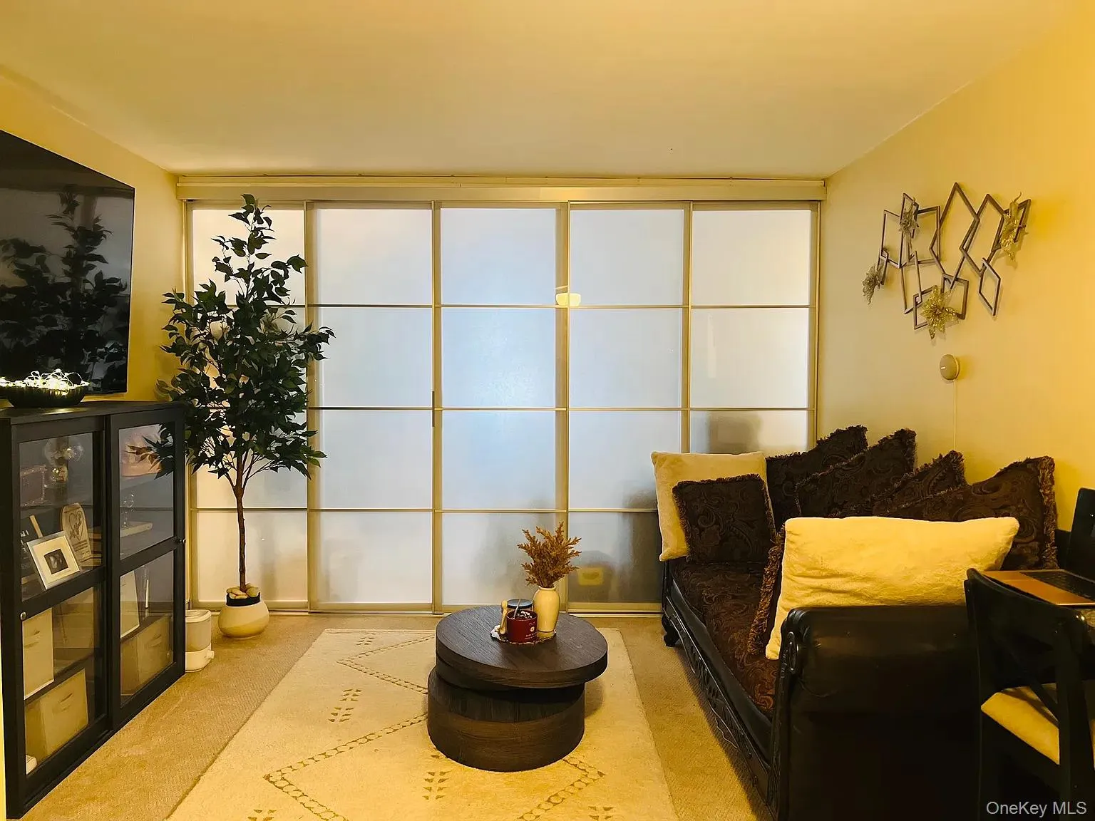 Living area with light carpet Living area with light carpet