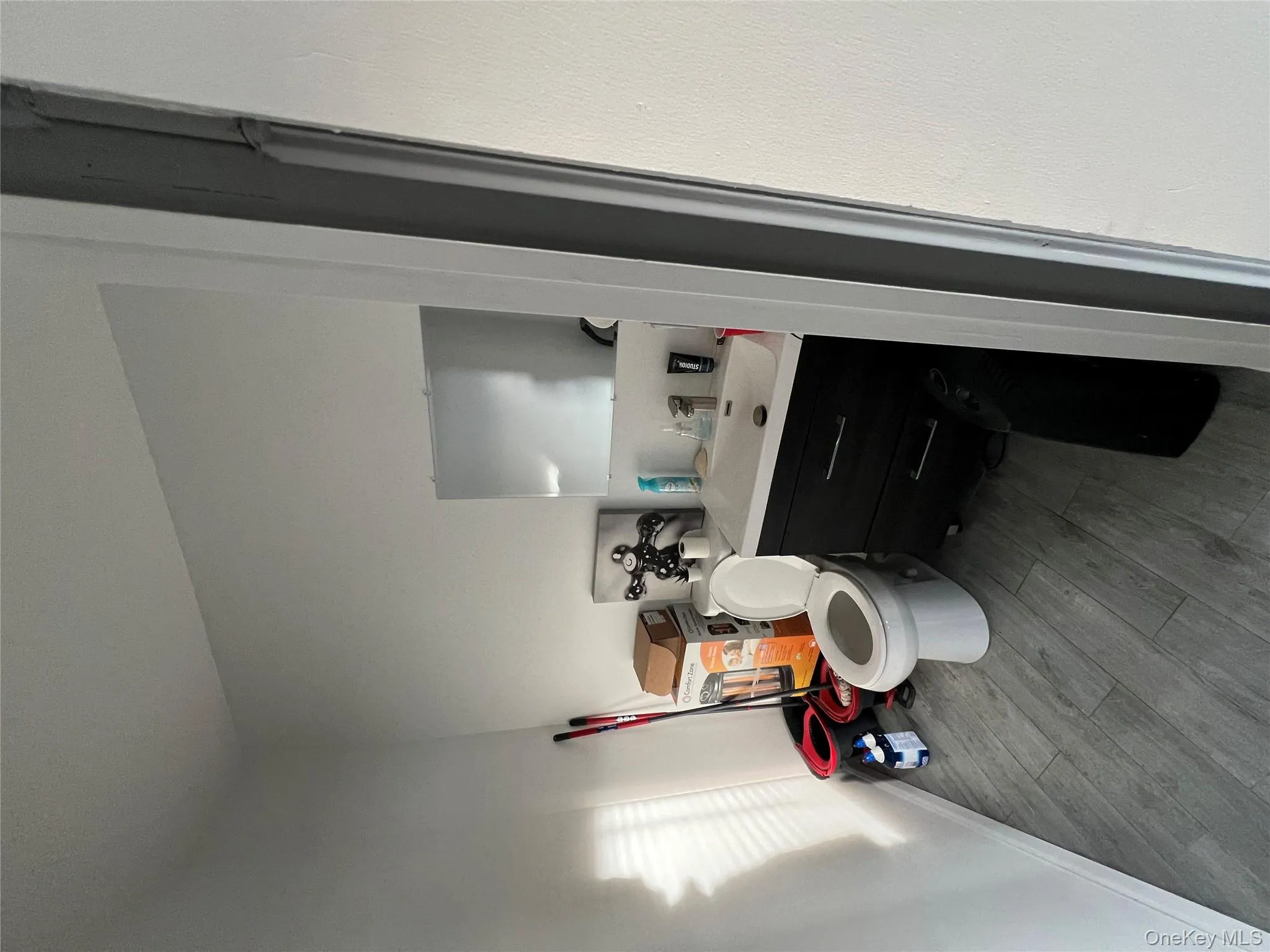 Bathroom with dark wood-type flooring and vanity Bathroom with dark wood-type flooring and vanity