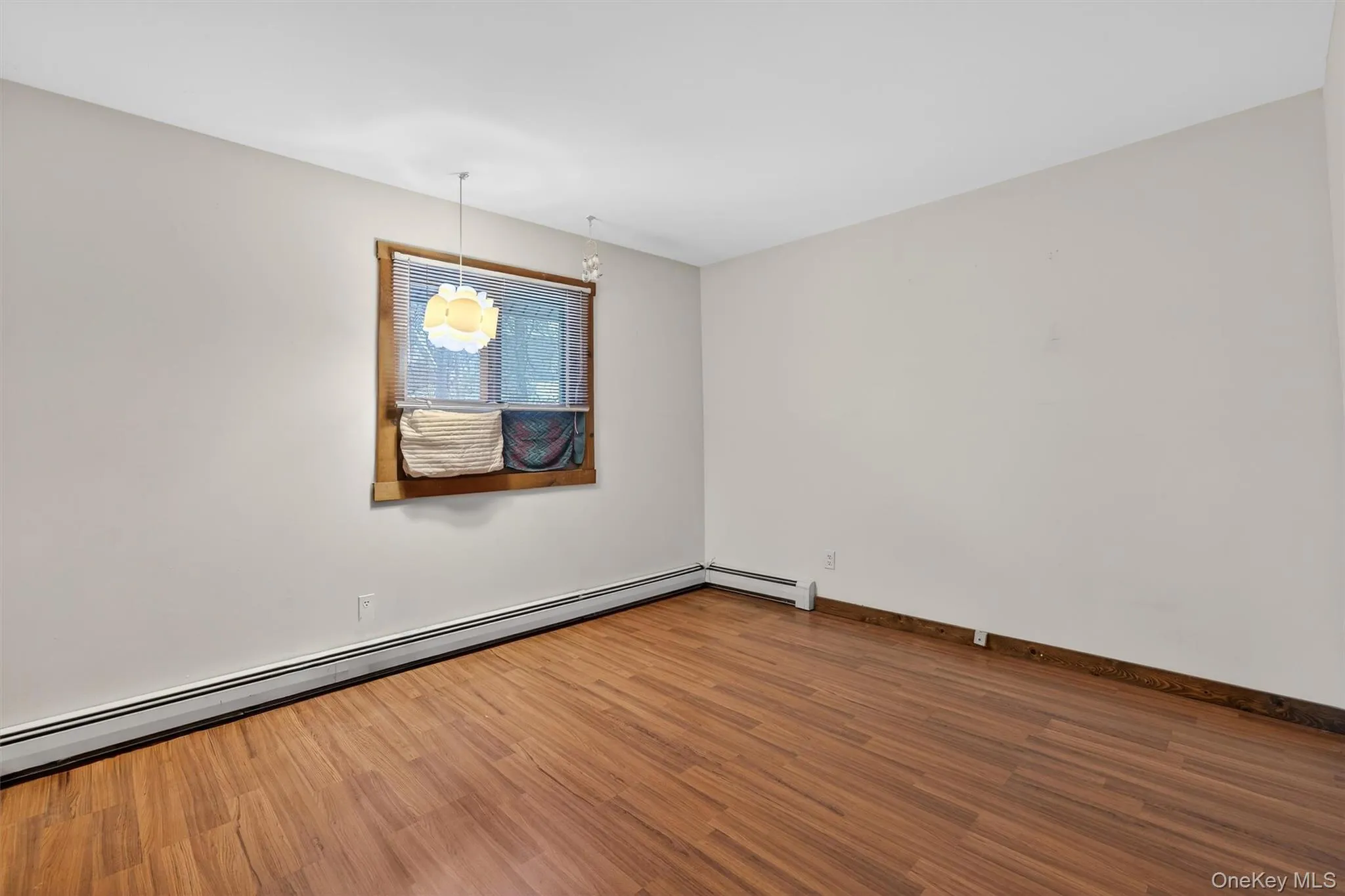 Unfurnished room featuring a baseboard radiator and wood finished floors Unfurnished room featuring a baseboard radiator and wood finished floors