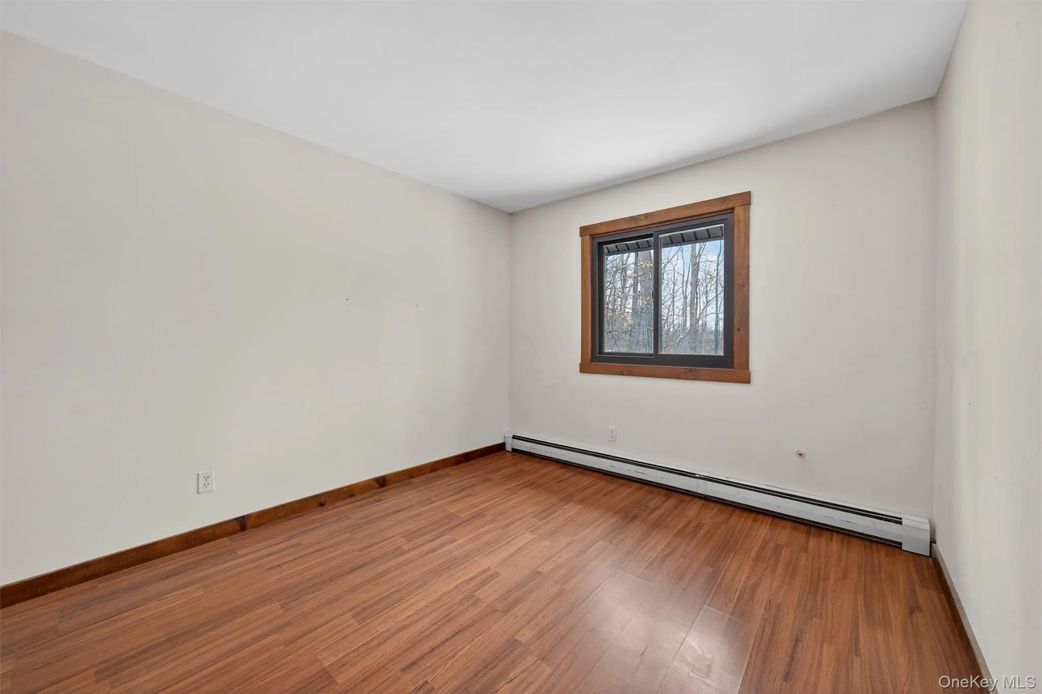 Unfurnished room with a baseboard radiator and wood finished floors Unfurnished room with a baseboard radiator and wood finished floors