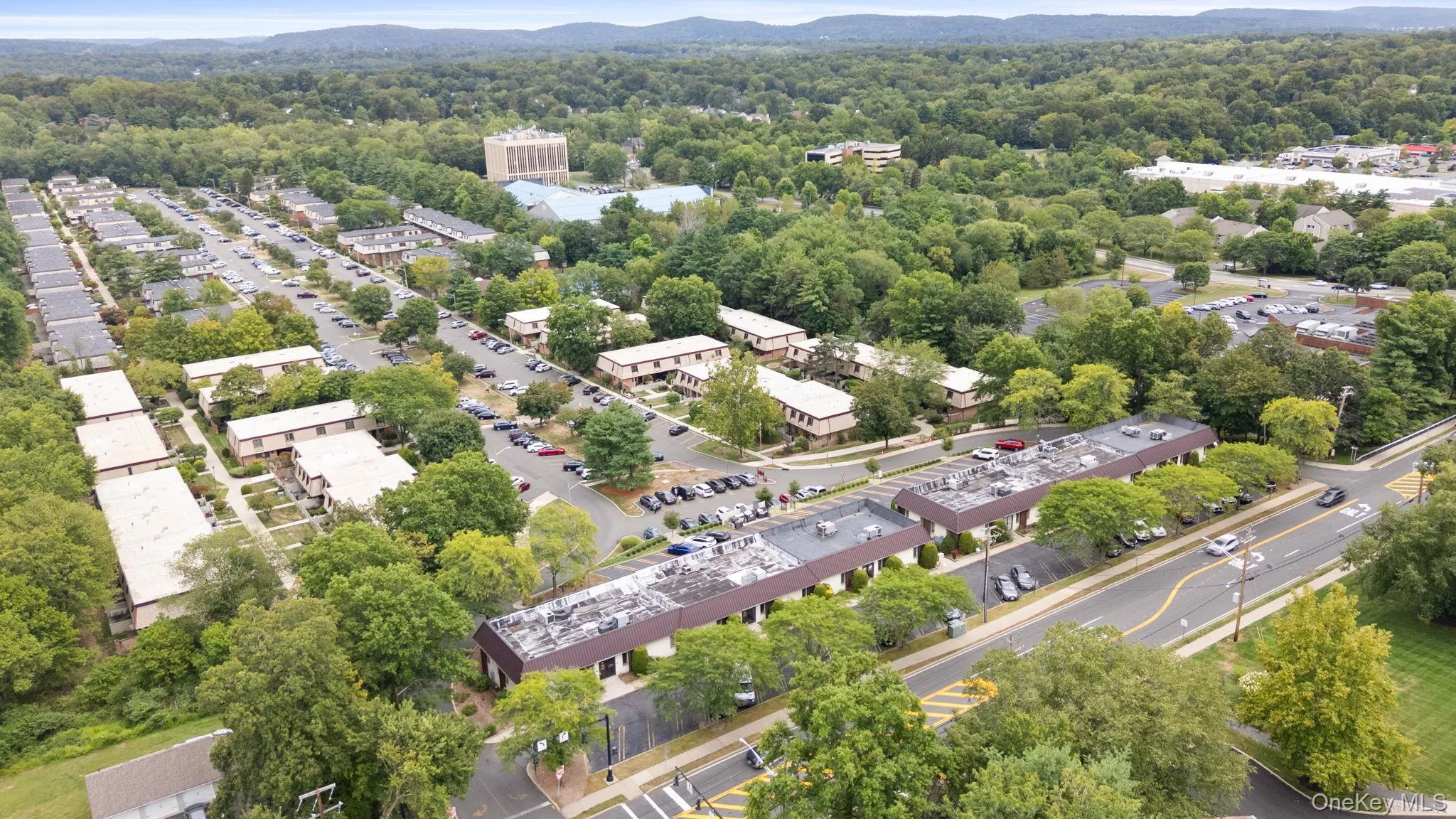 Bird's eye view of a heavily wooded area and mountains Bird's eye view of a heavily wooded area and mountains