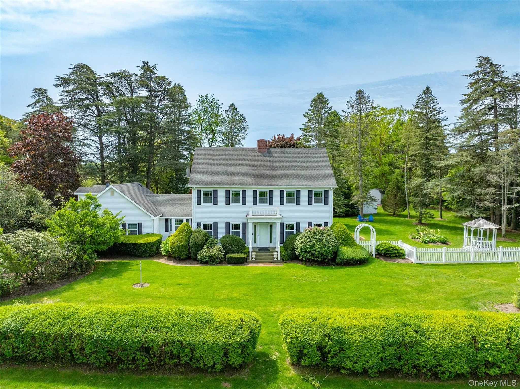 Colonial home featuring a chimney and view of wooded area Colonial home featuring a chimney and view of wooded area