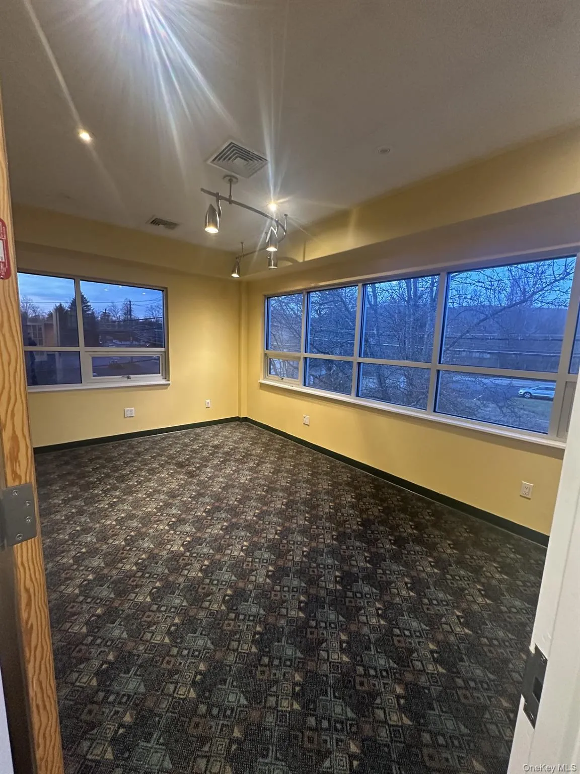 Empty room featuring rail lighting and carpet floors Empty room featuring rail lighting and carpet floors