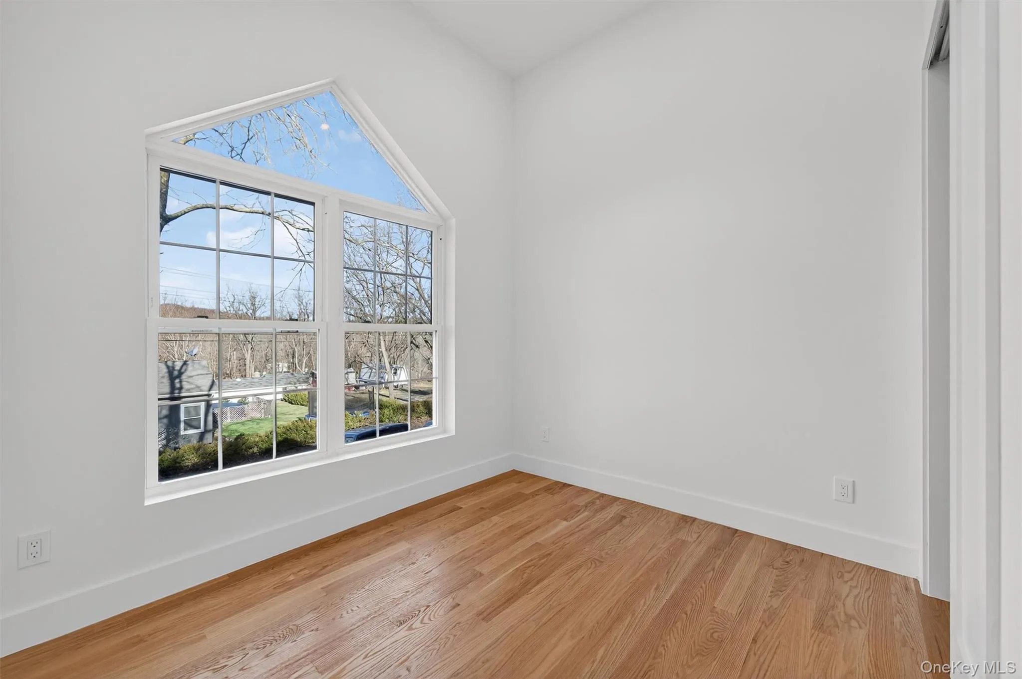 Unfurnished room featuring light wood finished floors and lofted ceiling Unfurnished room featuring light wood finished floors and lofted ceiling