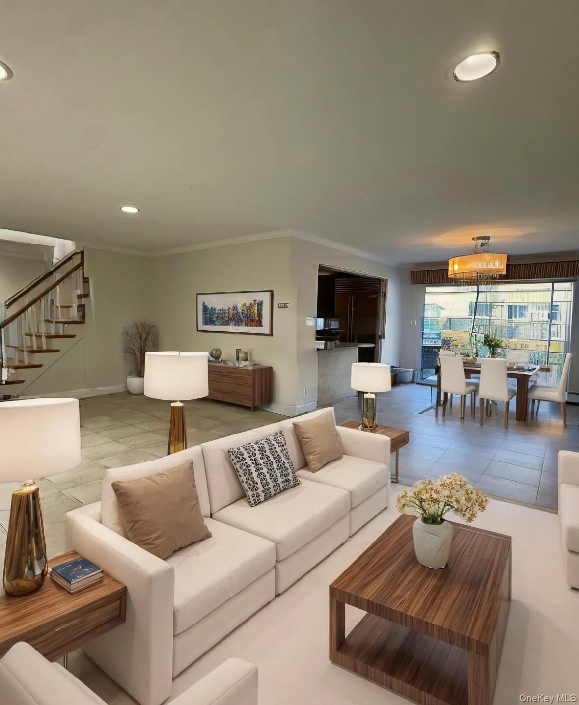 Tiled living room with stairs, recessed lighting, and ornamental molding Tiled living room with stairs, recessed lighting, and ornamental molding