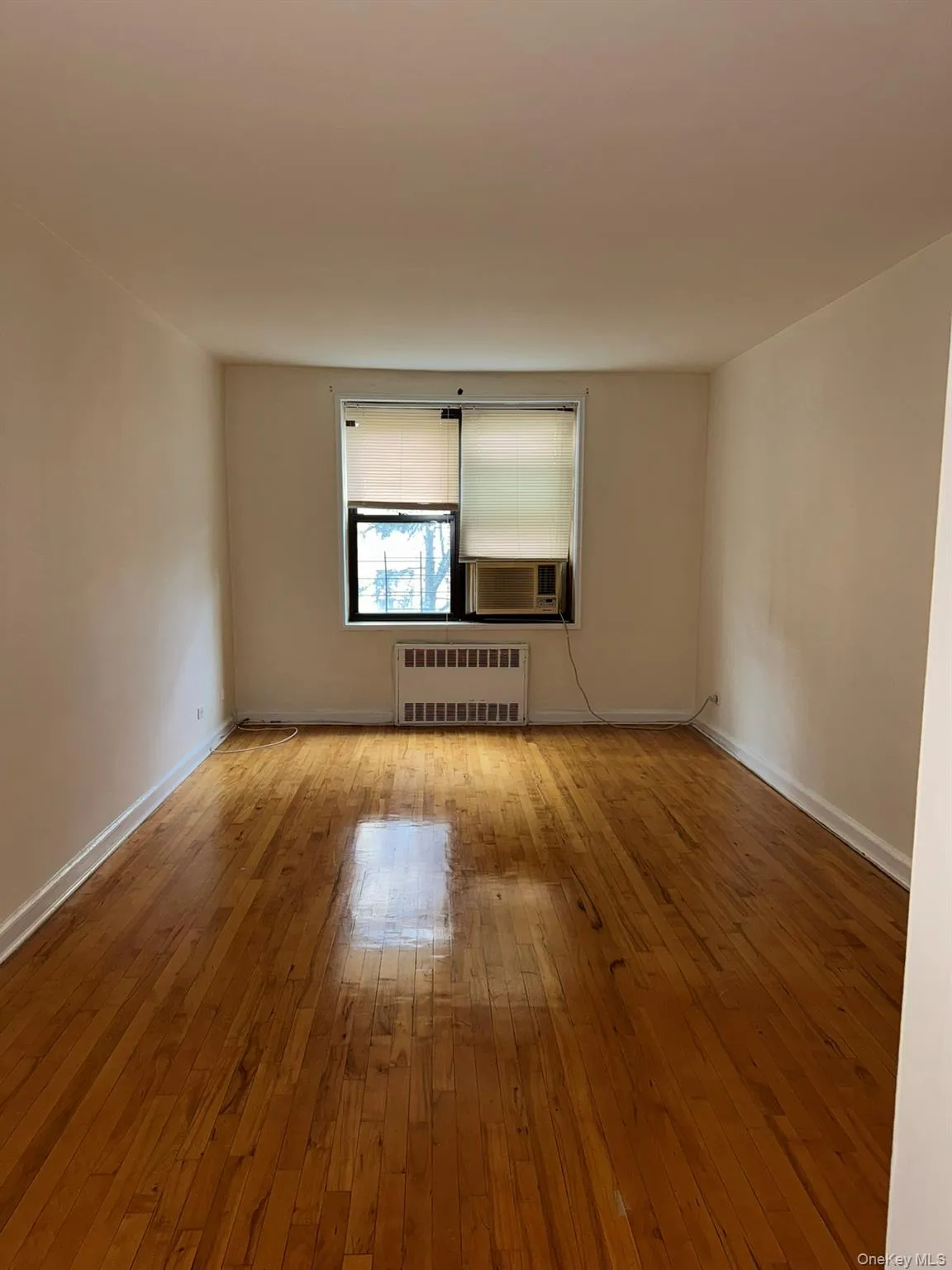 Unfurnished room featuring hardwood / wood-style flooring and radiator heating unit Unfurnished room featuring hardwood / wood-style flooring and radiator heating unit