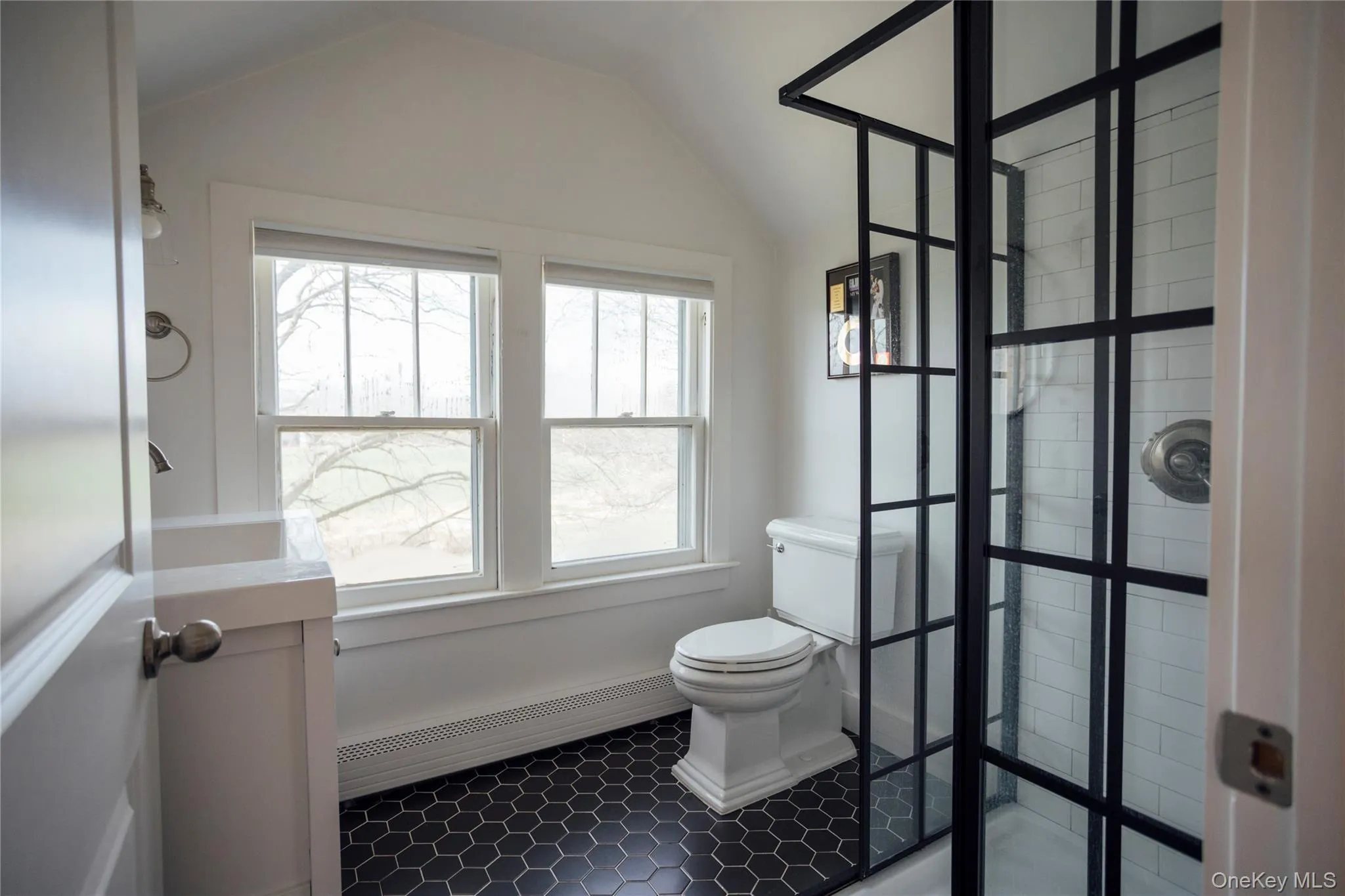 Bathroom featuring plenty of natural light, toilet, tiled shower, and lofted ceiling Bathroom featuring plenty of natural light, toilet, tiled shower, and lofted ceiling