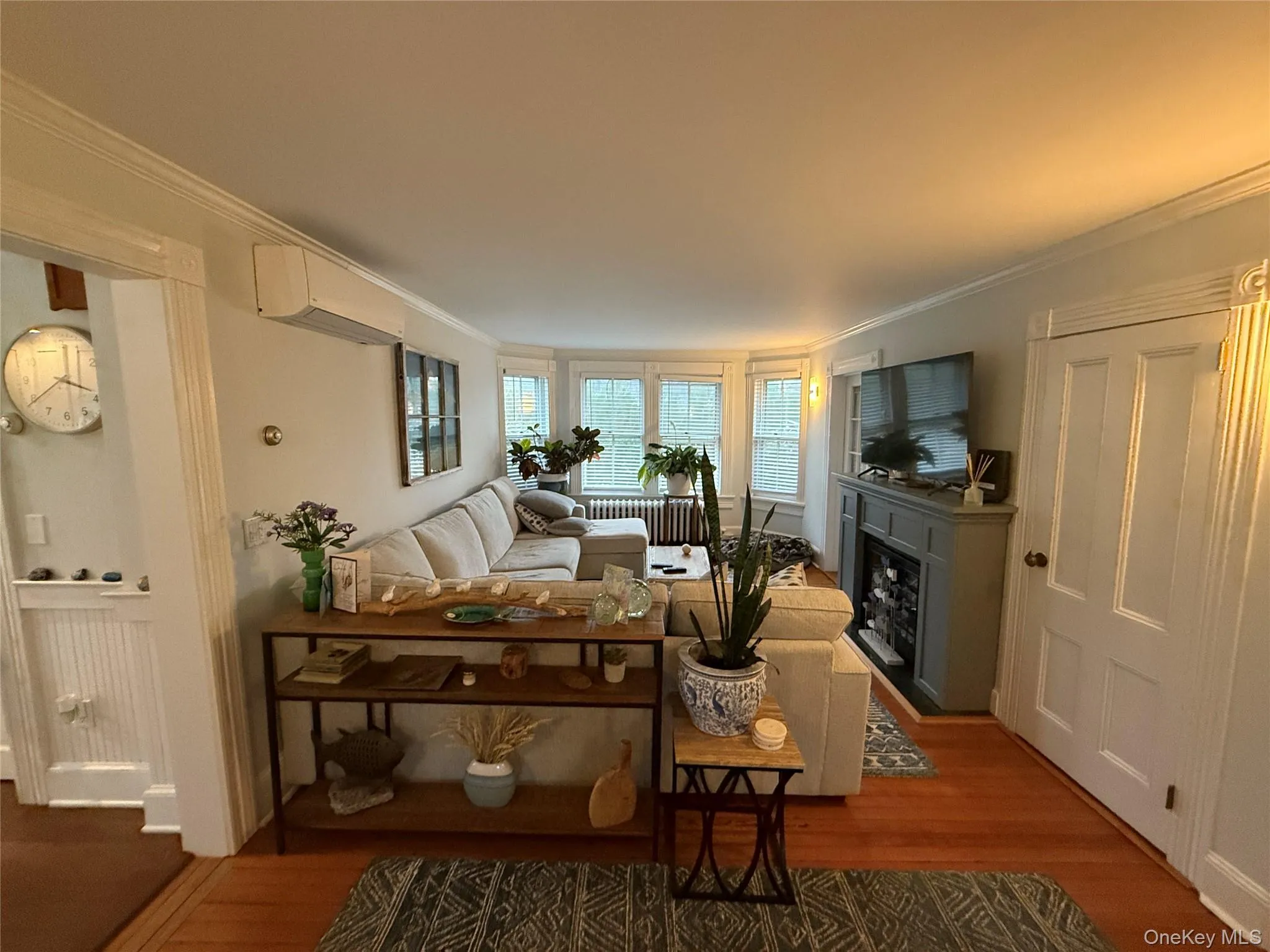 Living room featuring a fireplace, wood finished floors, ornamental molding, and a wall mounted air conditioner Living room featuring a fireplace, wood finished floors, ornamental molding, and a wall mounted air conditioner