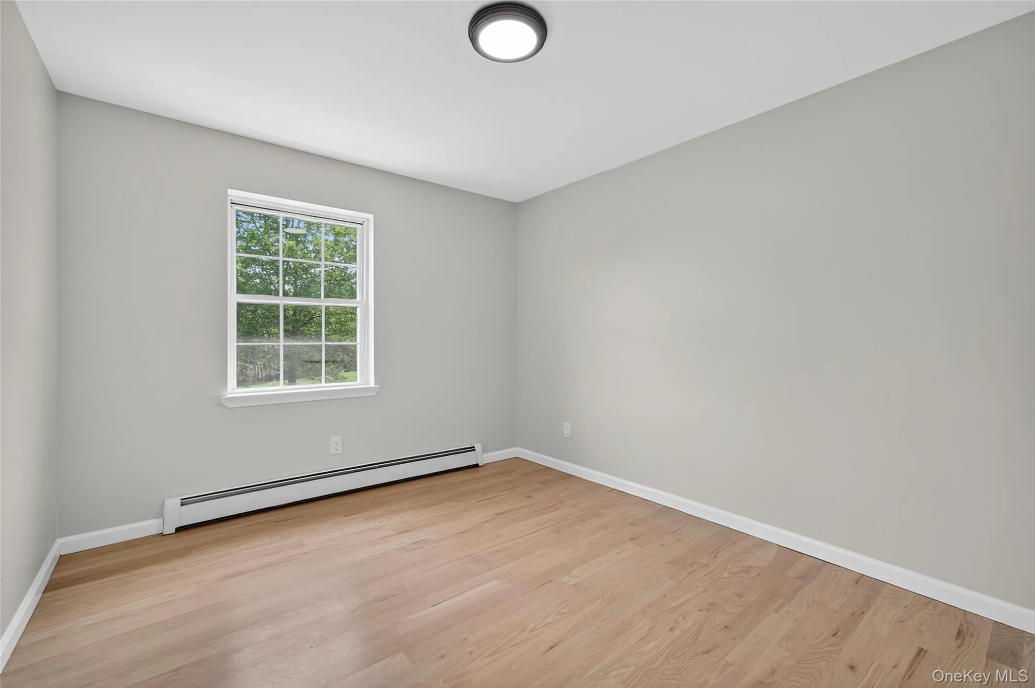 Unfurnished room featuring a baseboard radiator and light wood-style floors Unfurnished room featuring a baseboard radiator and light wood-style floors