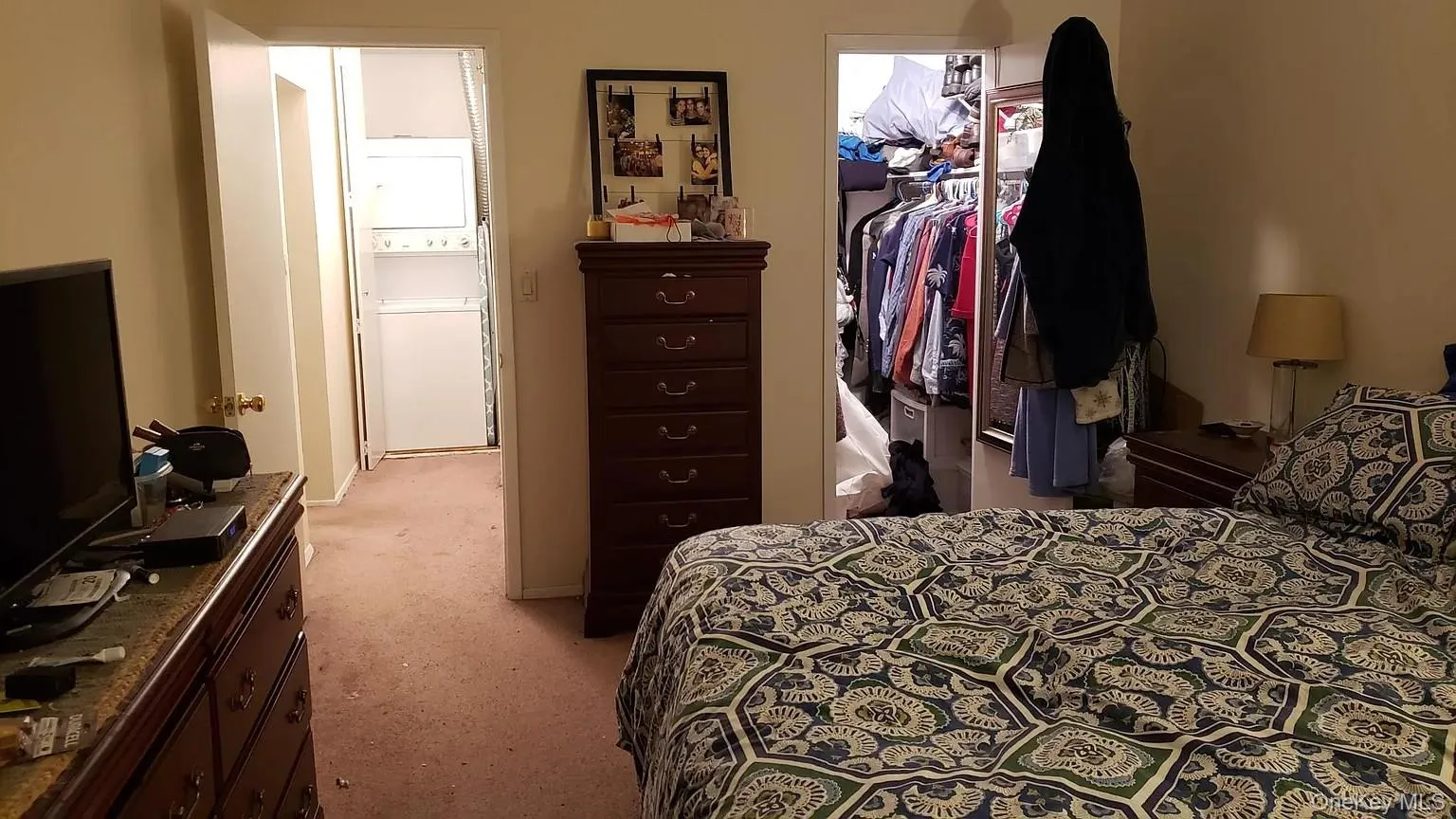 Bedroom with light colored carpet, a spacious closet, and washer / dryer Bedroom with light colored carpet, a spacious closet, and washer / dryer