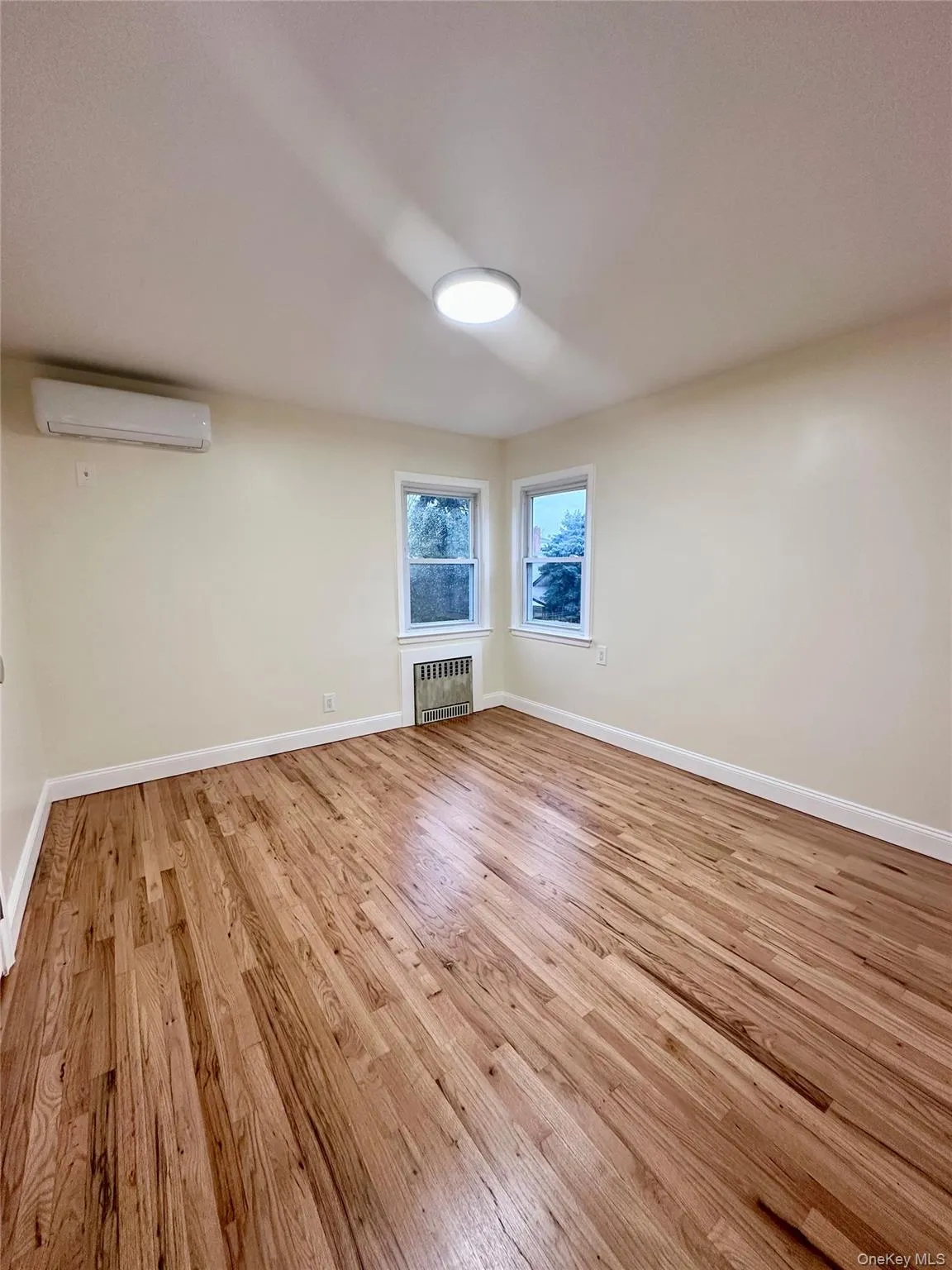 Spare room featuring light wood-style flooring, radiator, and a wall unit AC Spare room featuring light wood-style flooring, radiator, and a wall unit AC