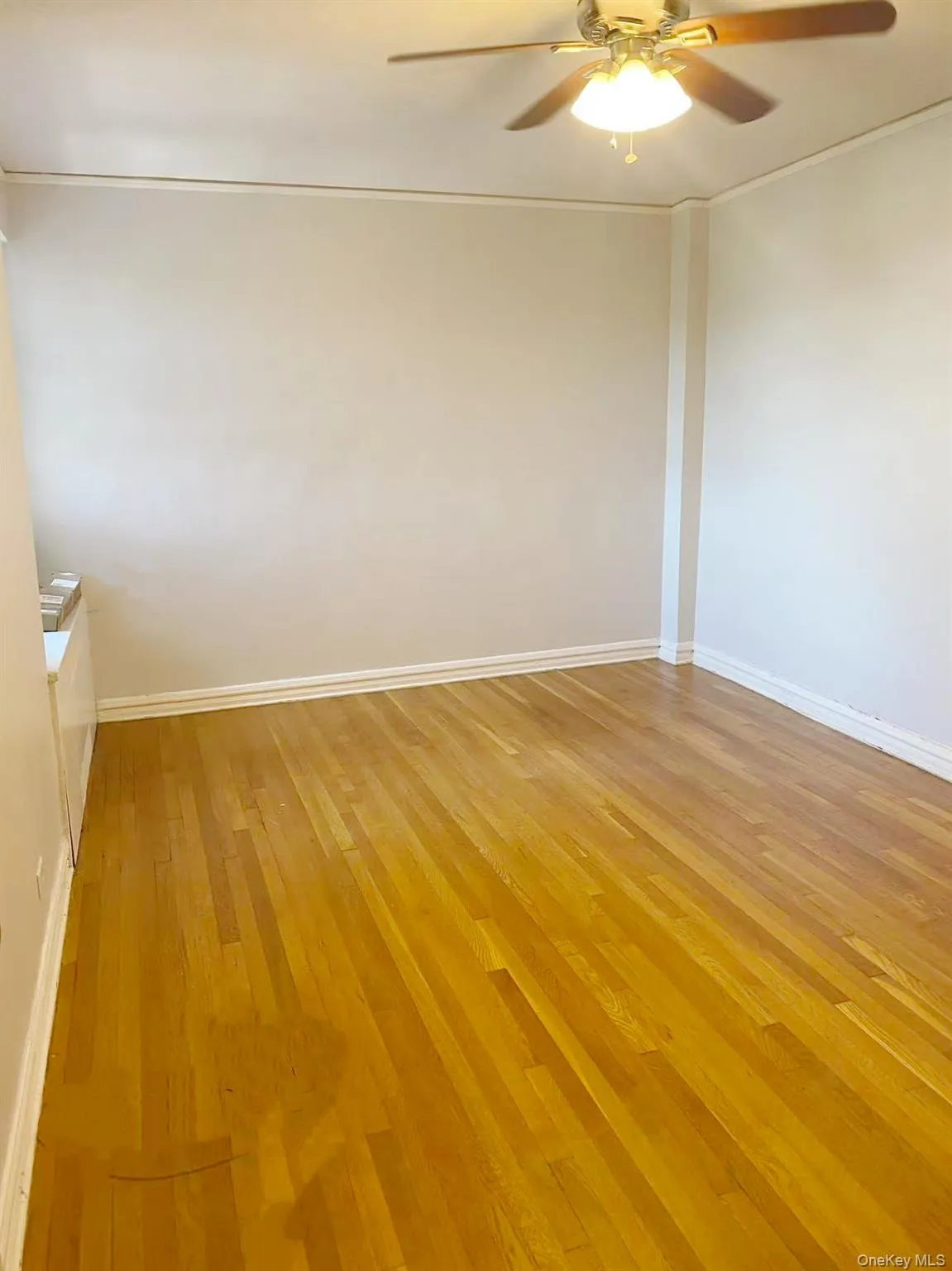 Empty room featuring light wood-style flooring, ceiling fan, and ornamental molding Empty room featuring light wood-style flooring, ceiling fan, and ornamental molding