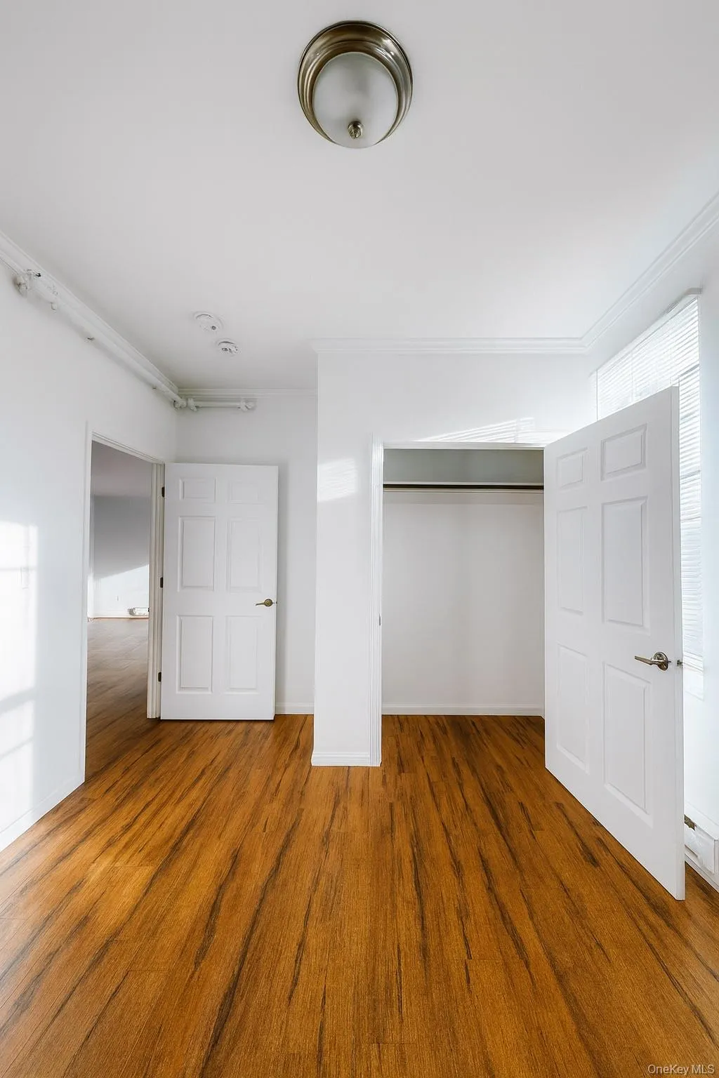 Unfurnished bedroom with crown molding, a closet, and wood finished floors Unfurnished bedroom with crown molding, a closet, and wood finished floors