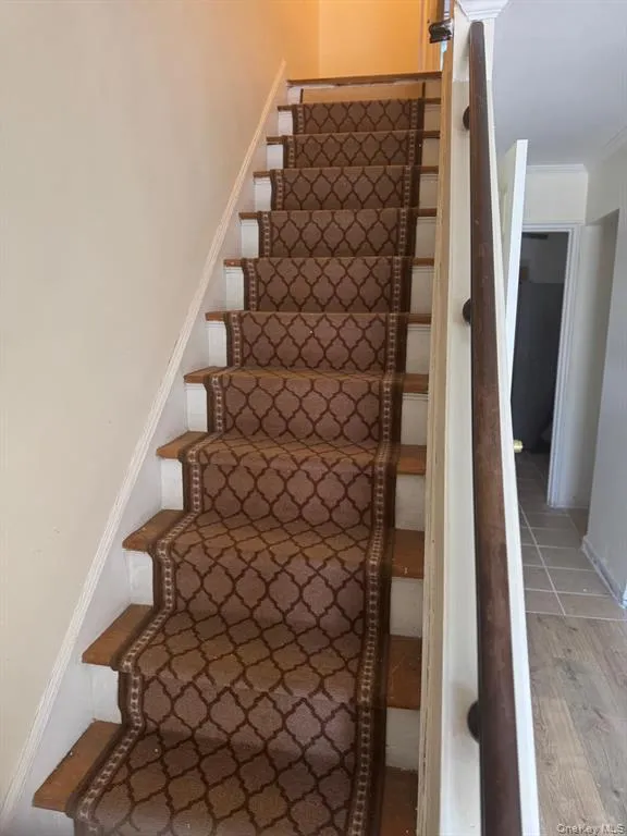 Staircase featuring wood finished floors Staircase featuring wood finished floors