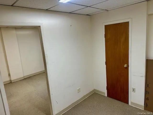 Spare room featuring light colored carpet and a paneled ceiling Spare room featuring light colored carpet and a paneled ceiling