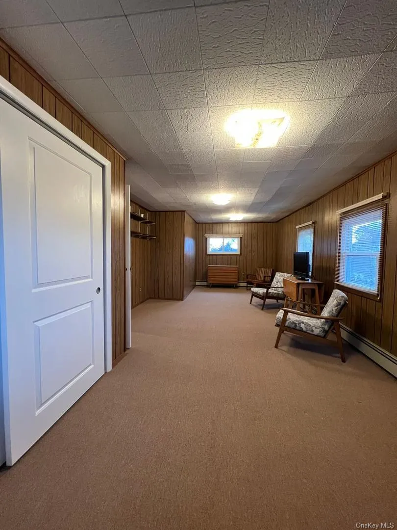 Sitting room featuring light carpet, baseboard heating, and wooden walls Sitting room featuring light carpet, baseboard heating, and wooden walls