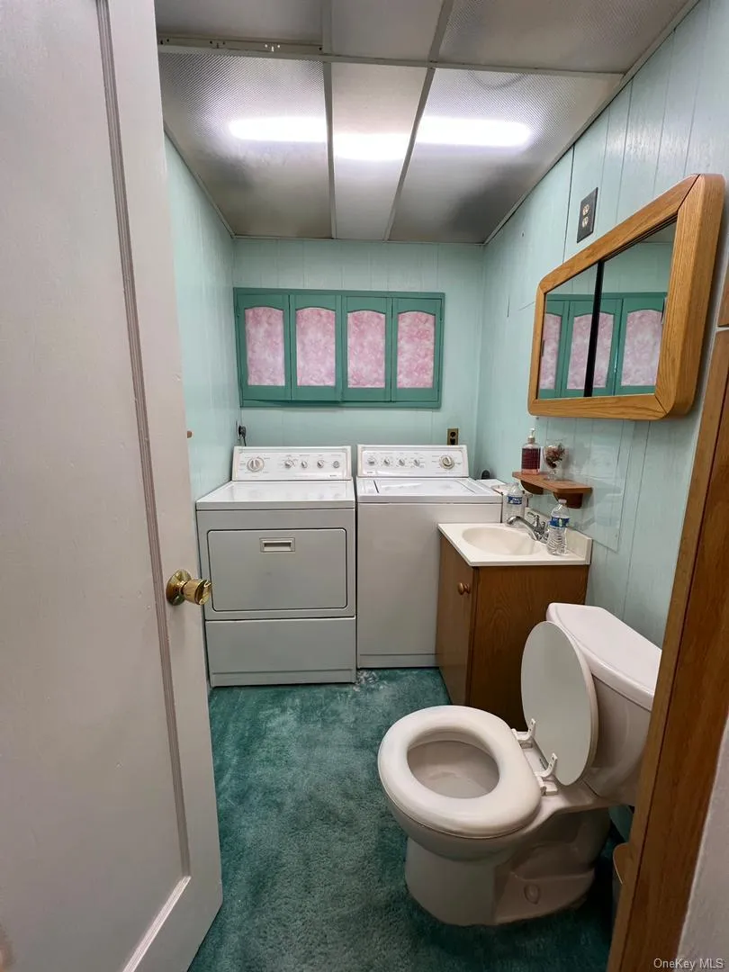 Bathroom featuring washer and clothes dryer, a bath, vanity, and dark colored carpet Bathroom featuring washer and clothes dryer, a bath, vanity, and dark colored carpet