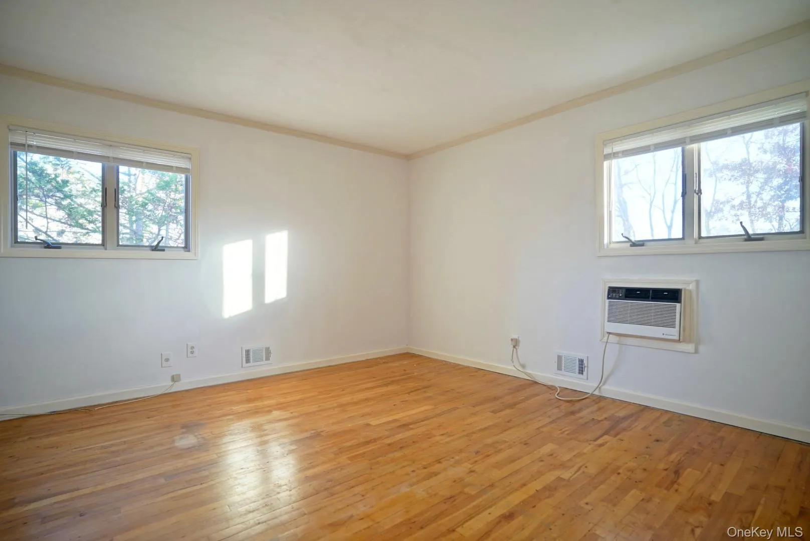 Spare room with light wood-style flooring, healthy amount of natural light, ornamental molding, and an AC wall unit Spare room with light wood-style flooring, healthy amount of natural light, ornamental molding, and an AC wall unit