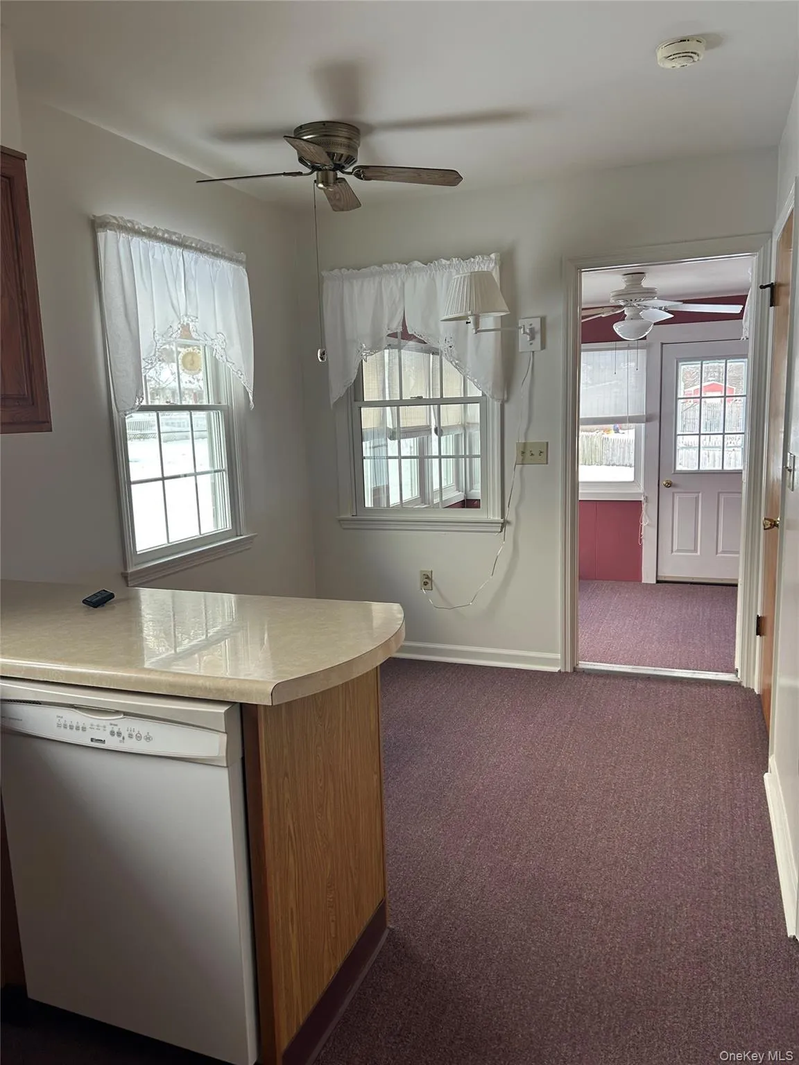 Kitchen with light countertops, dishwasher, plenty of natural light, and dark colored carpet Kitchen with light countertops, dishwasher, plenty of natural light, and dark colored carpet