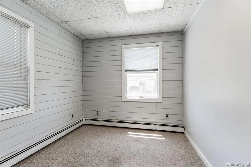 Unfurnished room featuring a baseboard radiator, a paneled ceiling, wooden walls, and carpet flooring Unfurnished room featuring a baseboard radiator, a paneled ceiling, wooden walls, and carpet flooring