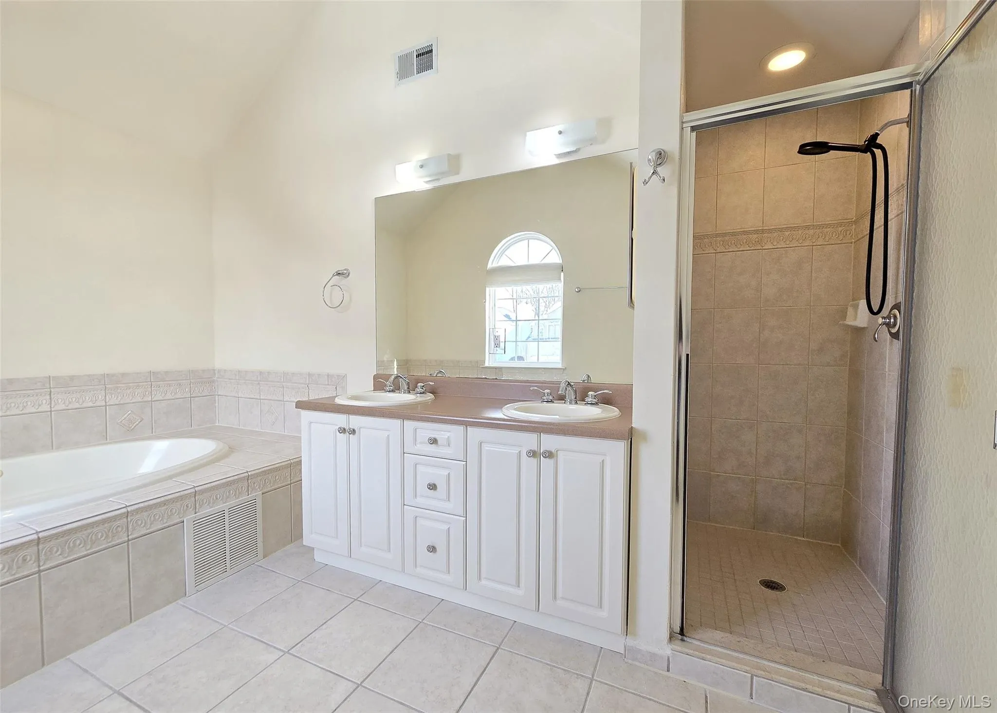 Walk-In Shower, Dual Sink Vanity, & Vaulted Ceiling Walk-In Shower, Dual Sink Vanity, & Vaulted Ceiling