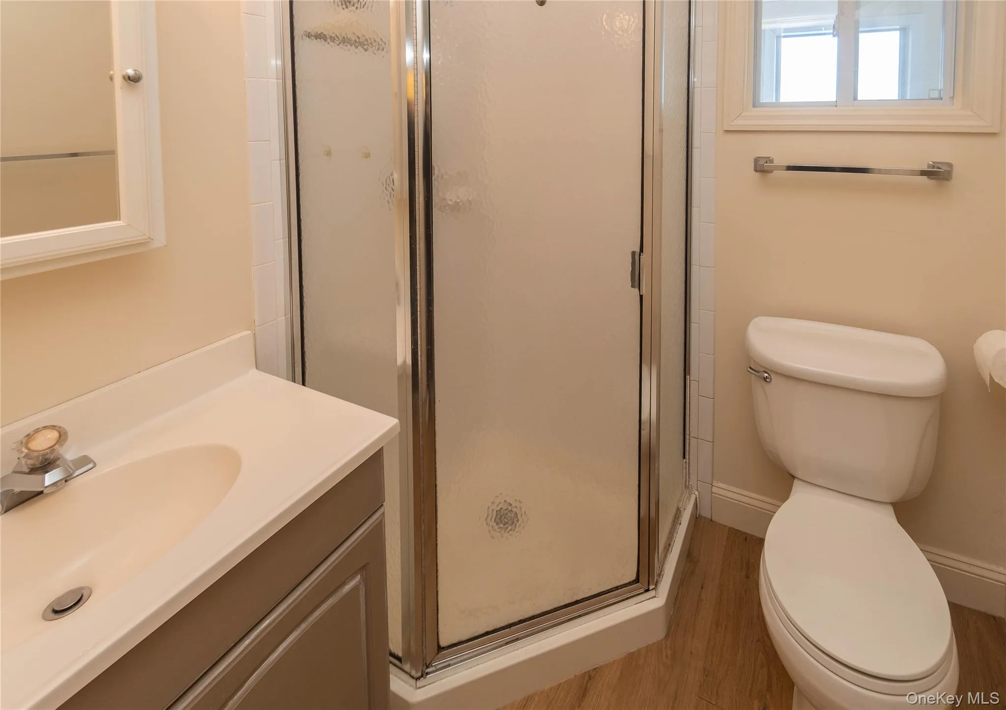 Bathroom featuring a shower stall, vanity, and light wood finished floors Bathroom featuring a shower stall, vanity, and light wood finished floors