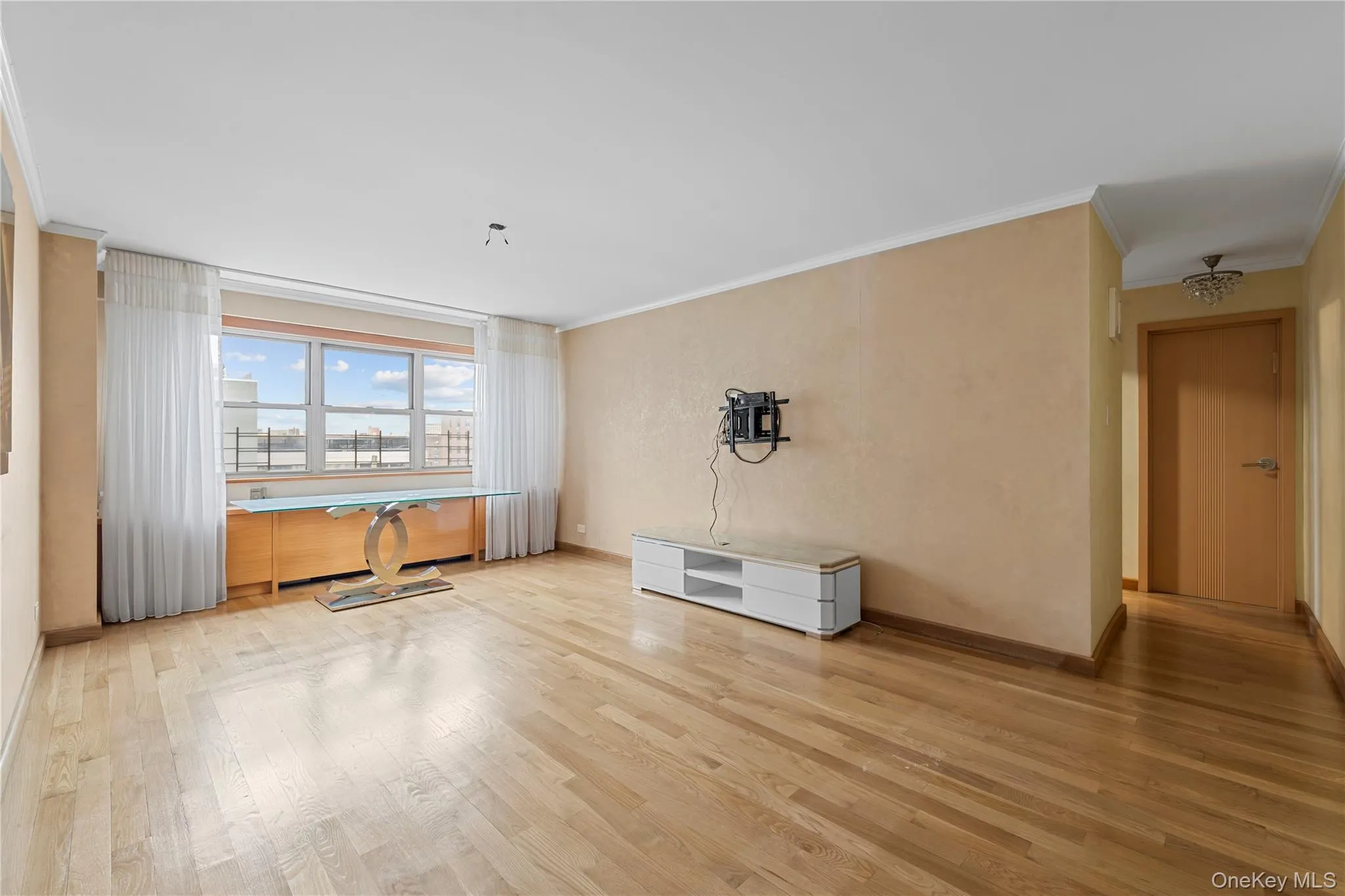 Spare room with light wood-style flooring and crown molding Spare room with light wood-style flooring and crown molding