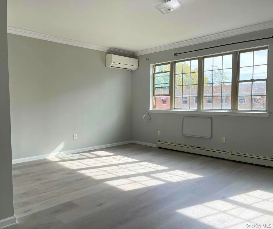 Spare room with light wood-style flooring, ornamental molding, a baseboard heating unit, and a wall mounted air conditioner Spare room with light wood-style flooring, ornamental molding, a baseboard heating unit, and a wall mounted air conditioner