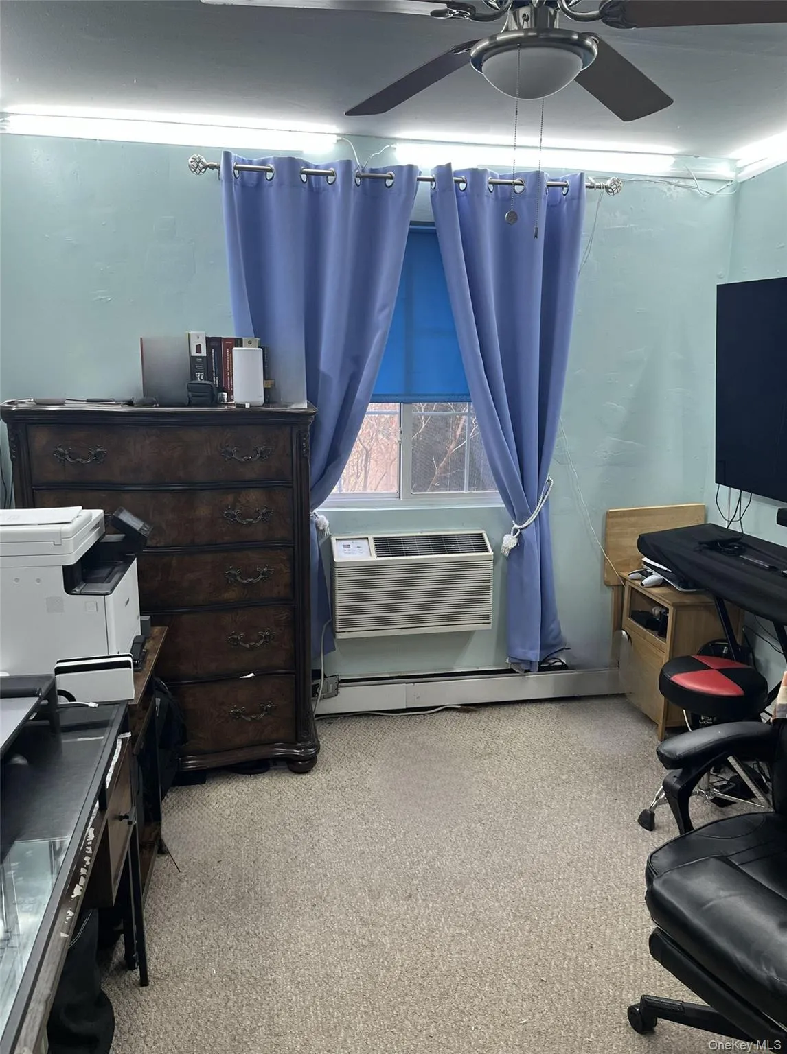 Home office with light colored carpet, baseboard heating, a ceiling fan, and a wall unit AC Home office with light colored carpet, baseboard heating, a ceiling fan, and a wall unit AC